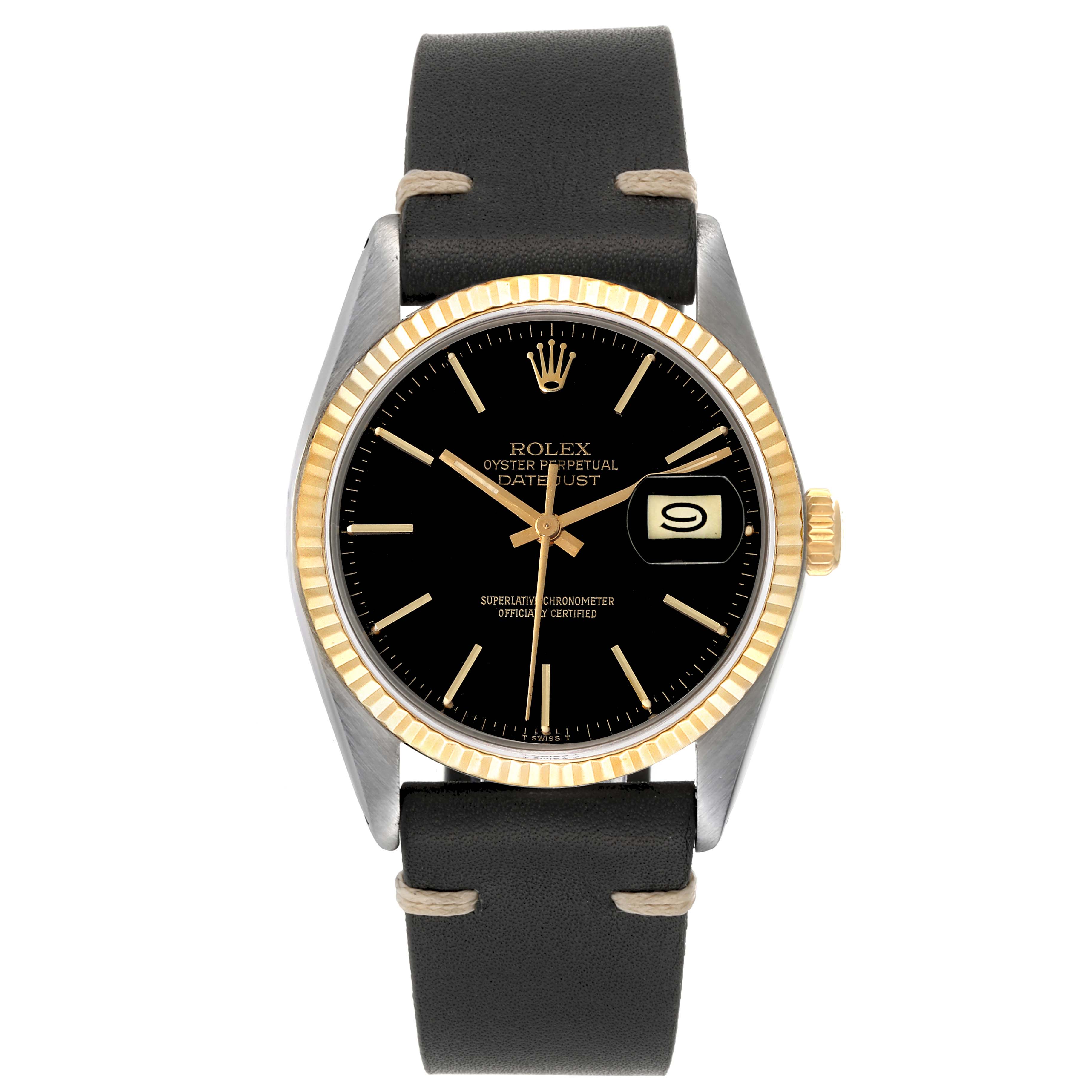 The image shows a front view of a Rolex Datejust 16013 Men's Steel and Gold (two tone) Black Dial 16013 Men's Steel and Gold (two tone) Black Dial watch with a black dial, gold bezel, and a black leather strap.