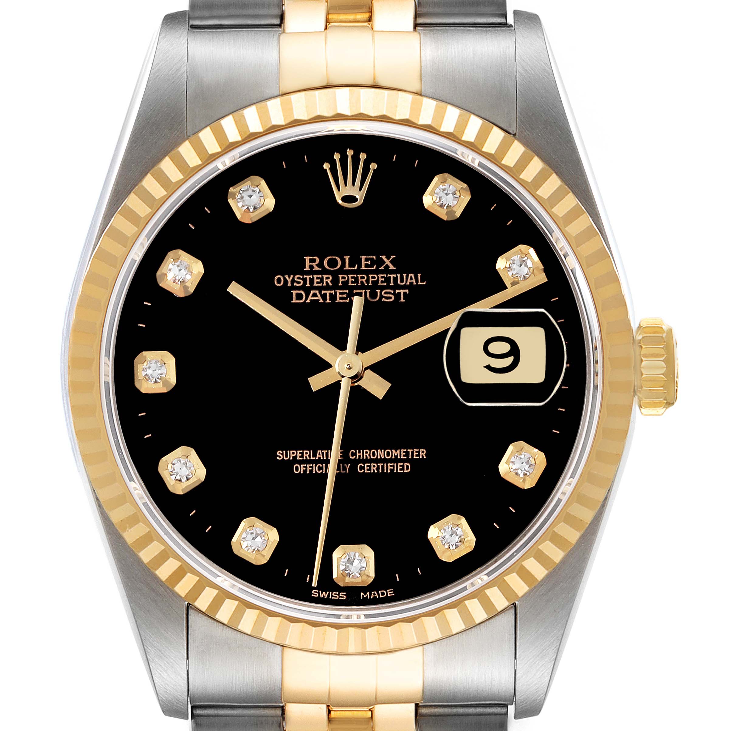 The image shows a front view of a Rolex Datejust 16233 Men's Steel and Gold (two tone) Black Dial 16233 Men's Steel and Gold (two tone) Black Dial watch, highlighting the dial, bezel, crown, and part of the bracelet.