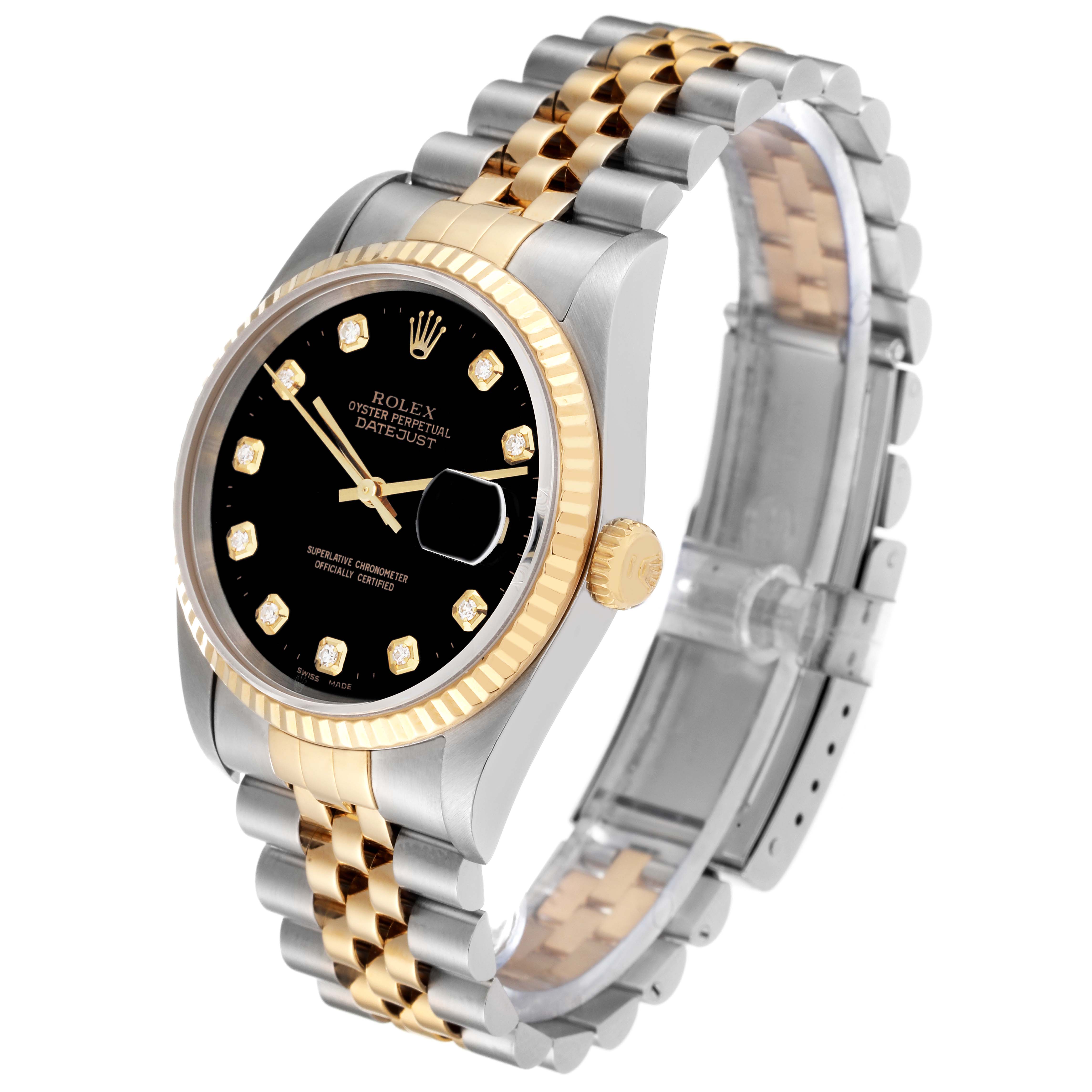 The Rolex Datejust 16233 Men's Steel and Gold (two tone) Black Dial 16233 Men's Steel and Gold (two tone) Black Dial watch is shown at a three-quarter front angle, displaying its black dial, bezel, crown, and two-tone bracelet.