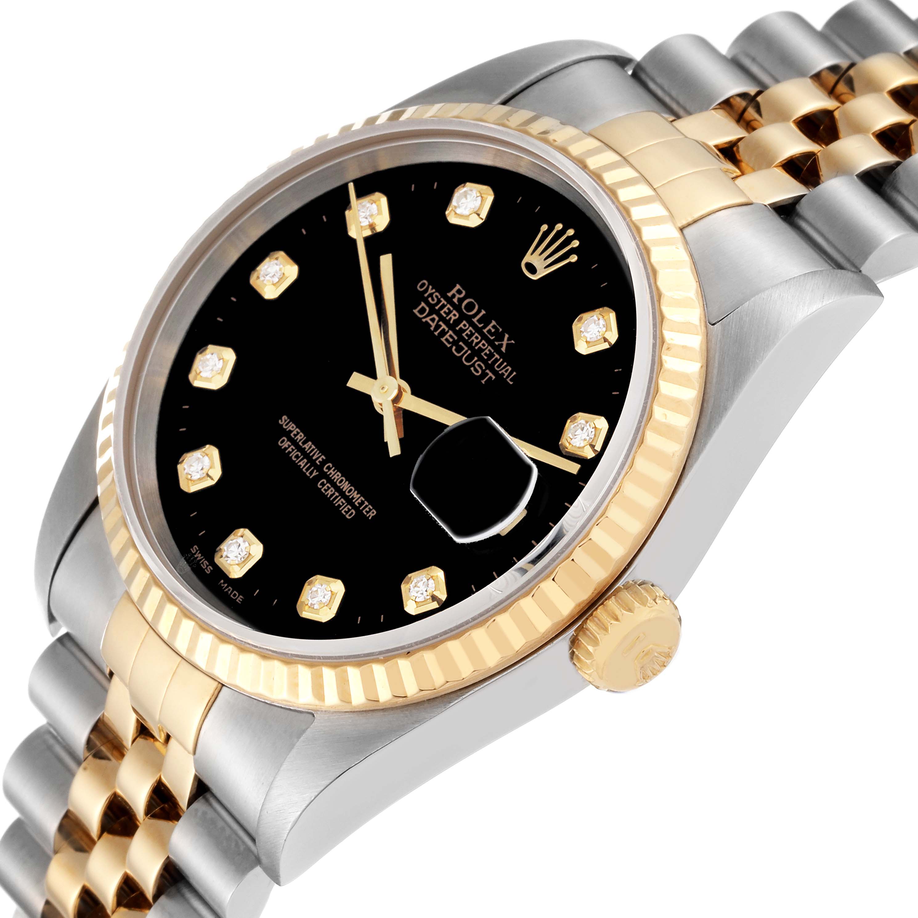 The image shows a close-up angled view of the Rolex Datejust 16233 Men's Steel and Gold (two tone) Black Dial 16233 Men's Steel and Gold (two tone) Black Dial watch's face, crown, and partially the bracelet.