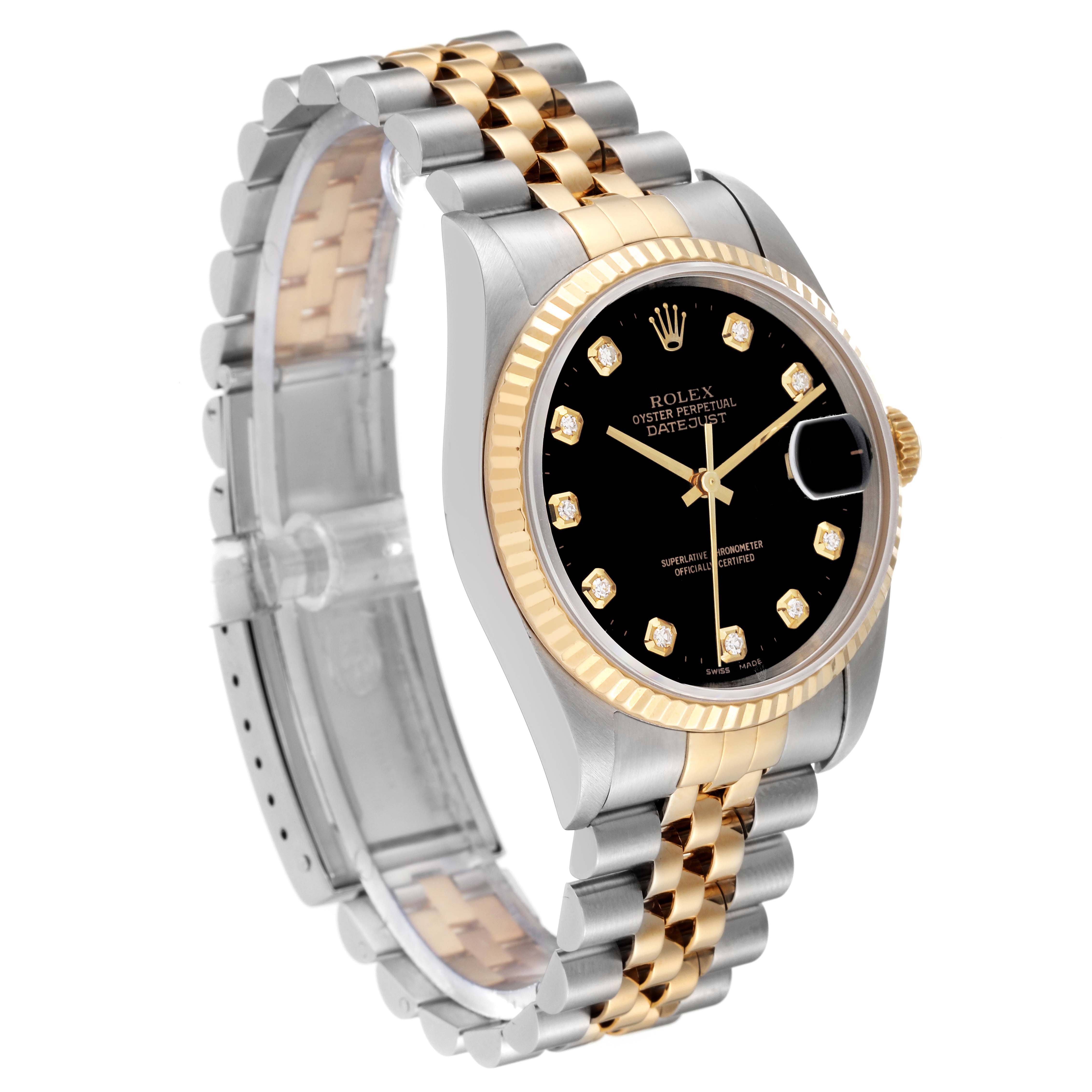 This image shows a Rolex Datejust 16233 Men's Steel and Gold (two tone) Black Dial 16233 Men's Steel and Gold (two tone) Black Dial watch at a slight side angle, highlighting the face, bezel, and two-tone bracelet.