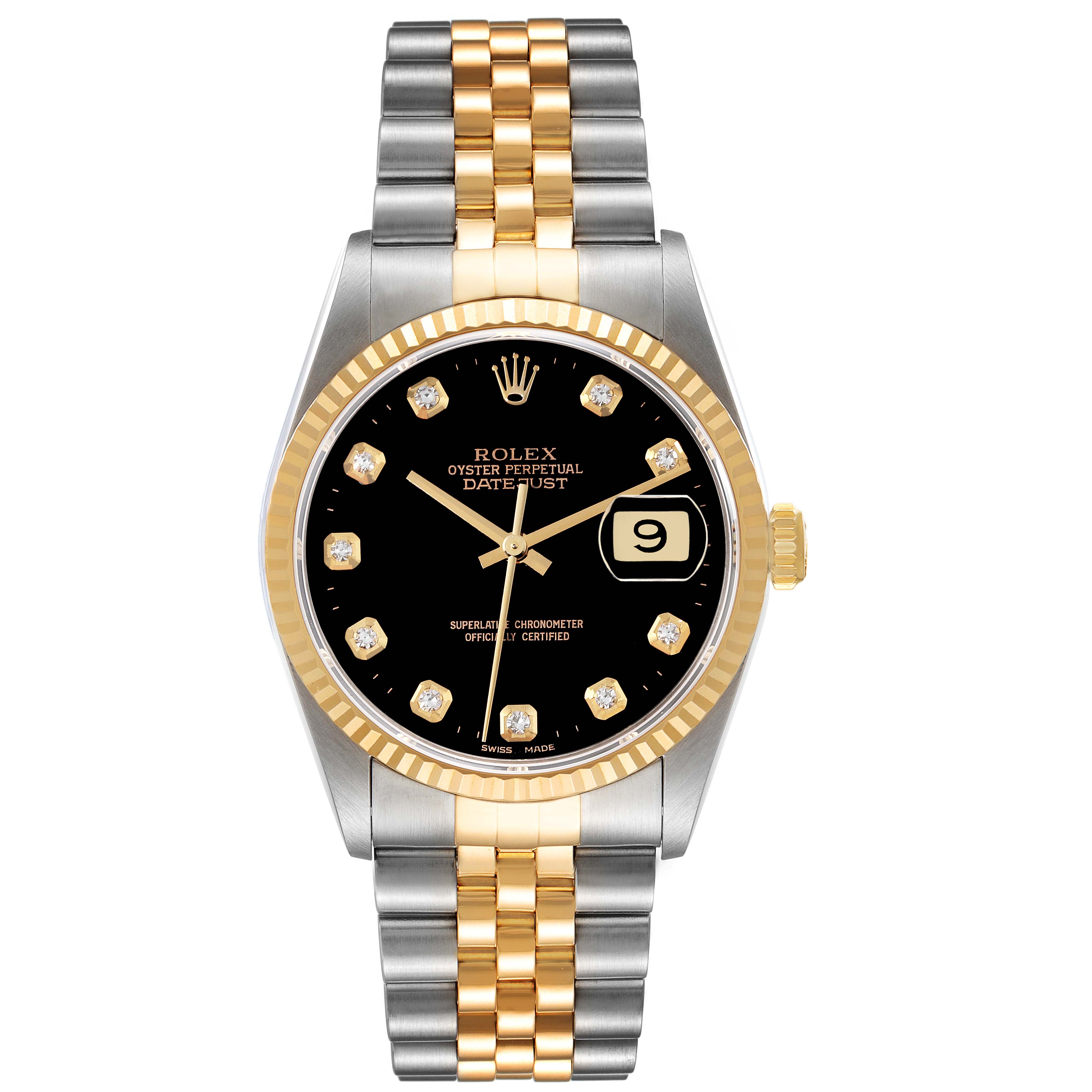 This image shows a frontal view of a Rolex Datejust 16233 Men's Steel and Gold (two tone) Black Dial 16233 Men's Steel and Gold (two tone) Black Dial watch, featuring a black dial, diamond hour markers, and a two-tone bracelet.