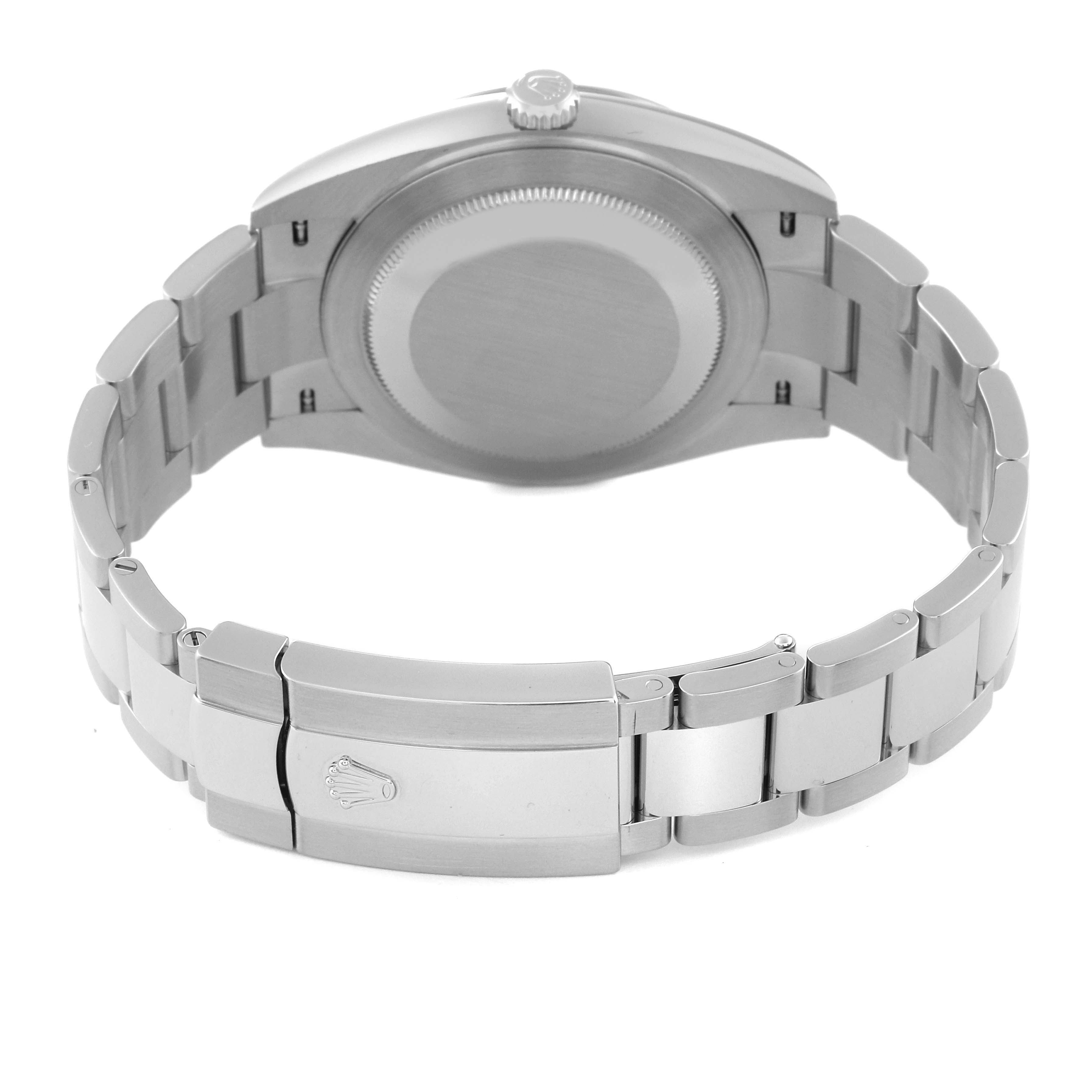 This image shows the back view of the Rolex Datejust 41 126334 Men
s Stainless Steel Green Dial 126334 Men
s Stainless Steel Green Dial, focusing on the case back and the stainless steel bracelet clasp.