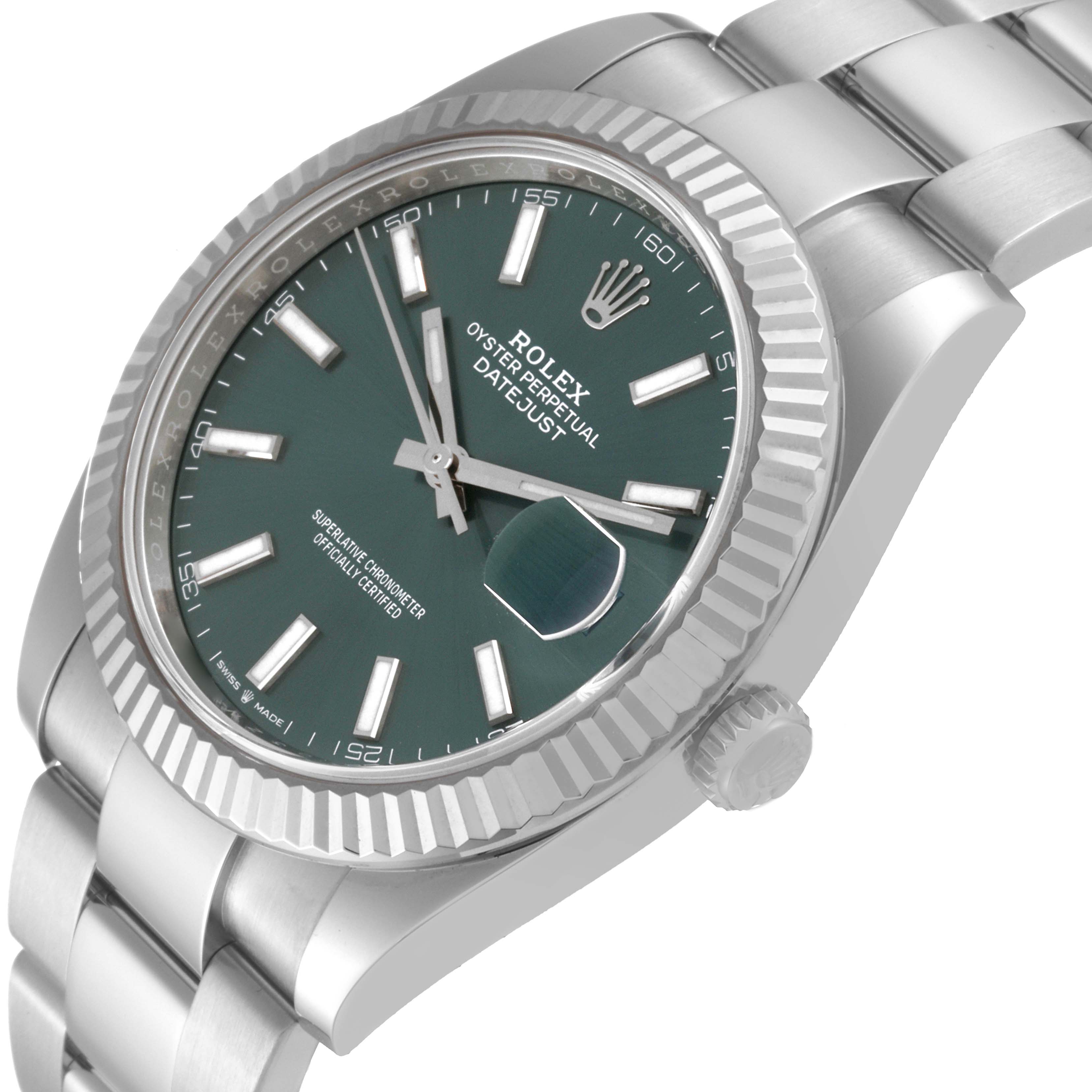 The image shows a side angle of the Rolex Datejust 41 126334 Men
s Stainless Steel Green Dial 126334 Men
s Stainless Steel Green Dial watch, featuring the dial, bezel, and part of the bracelet.