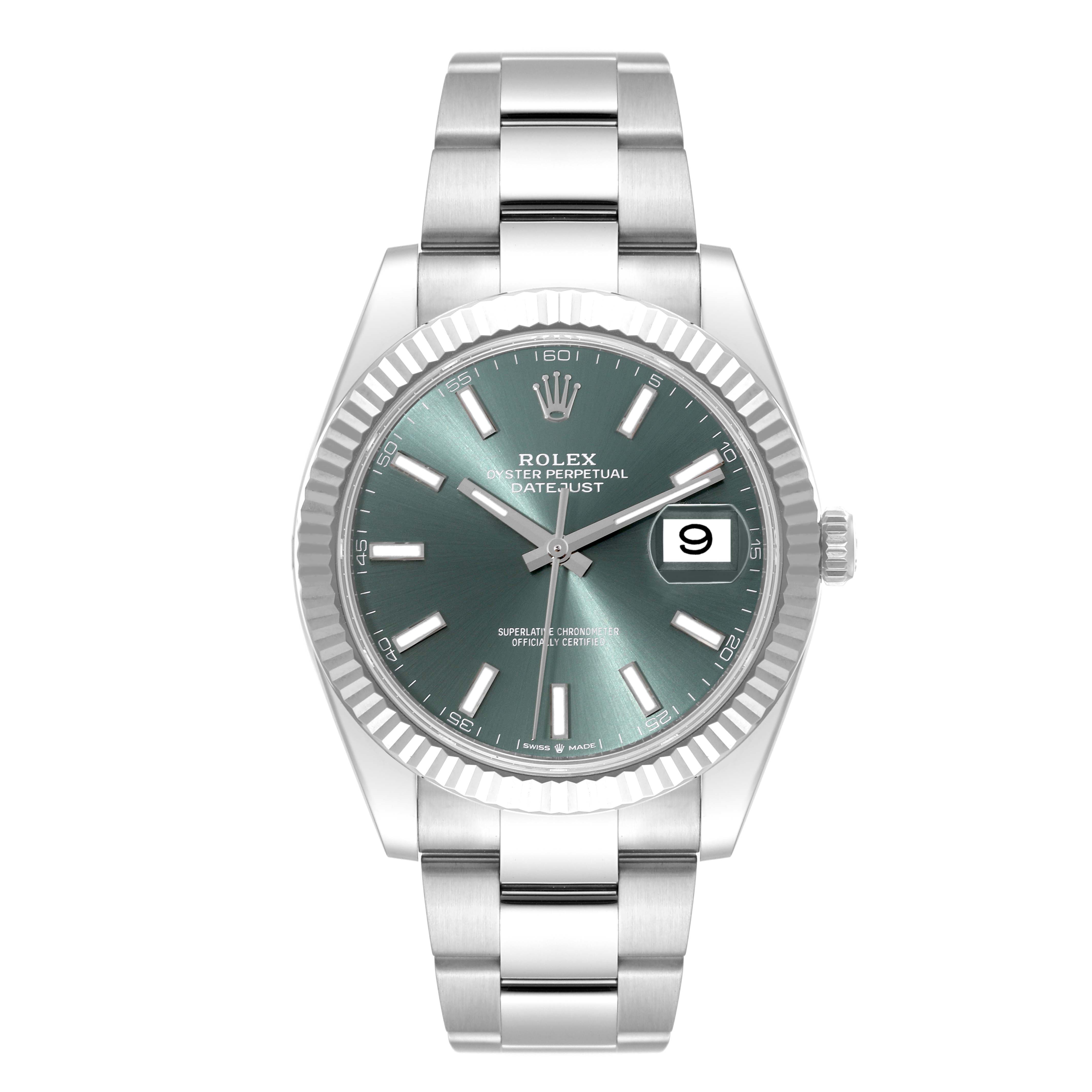 The image shows a Rolex Datejust 41 126334 Men
s Stainless Steel Green Dial 126334 Men
s Stainless Steel Green Dial watch taken from a front angle, displaying the bracelet, dial, bezel, and date window.