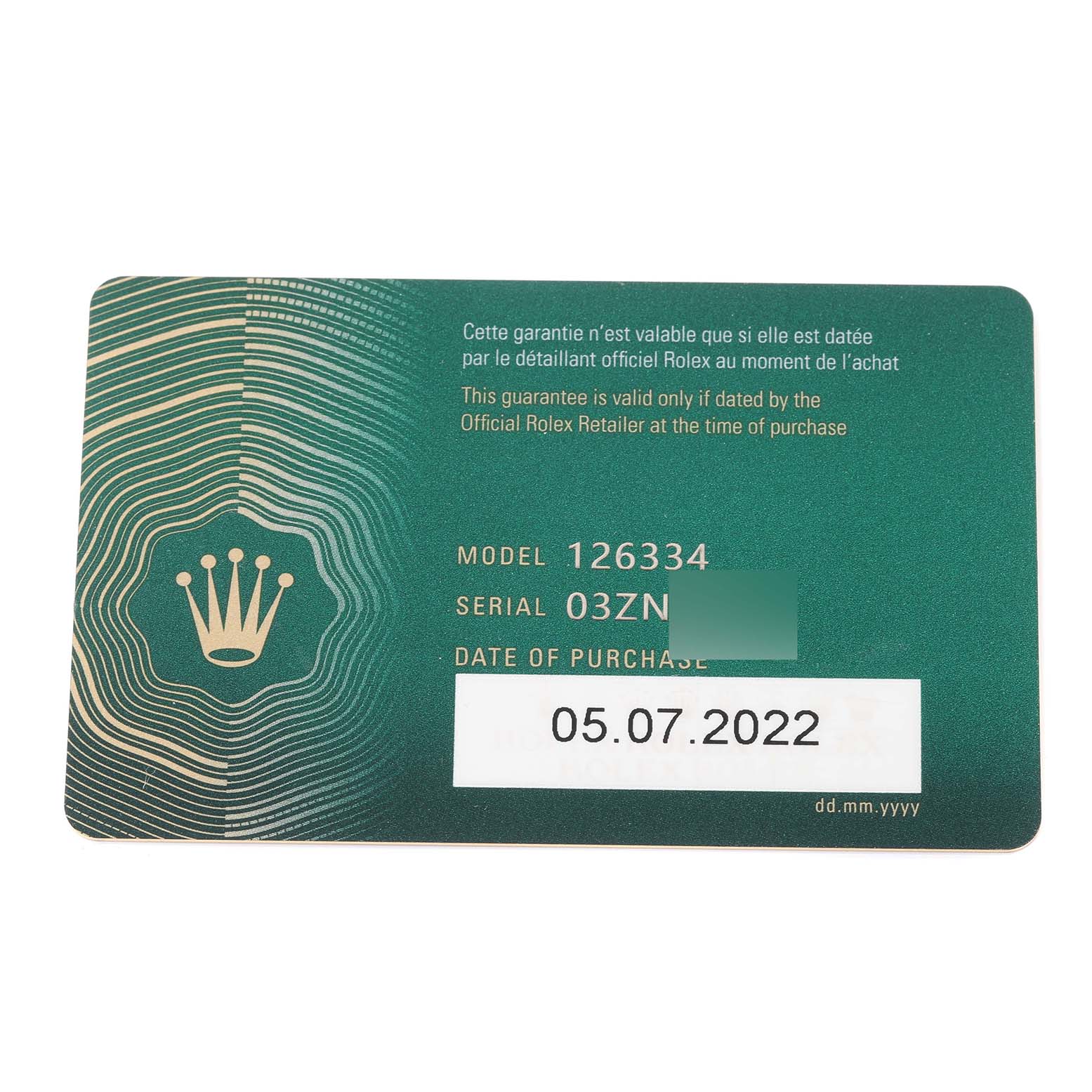 This image shows the warranty card for the Rolex Datejust 41 126334 Men
s Stainless Steel Green Dial 126334 Men
s Stainless Steel Green Dial model, including model number, serial number, and purchase date.