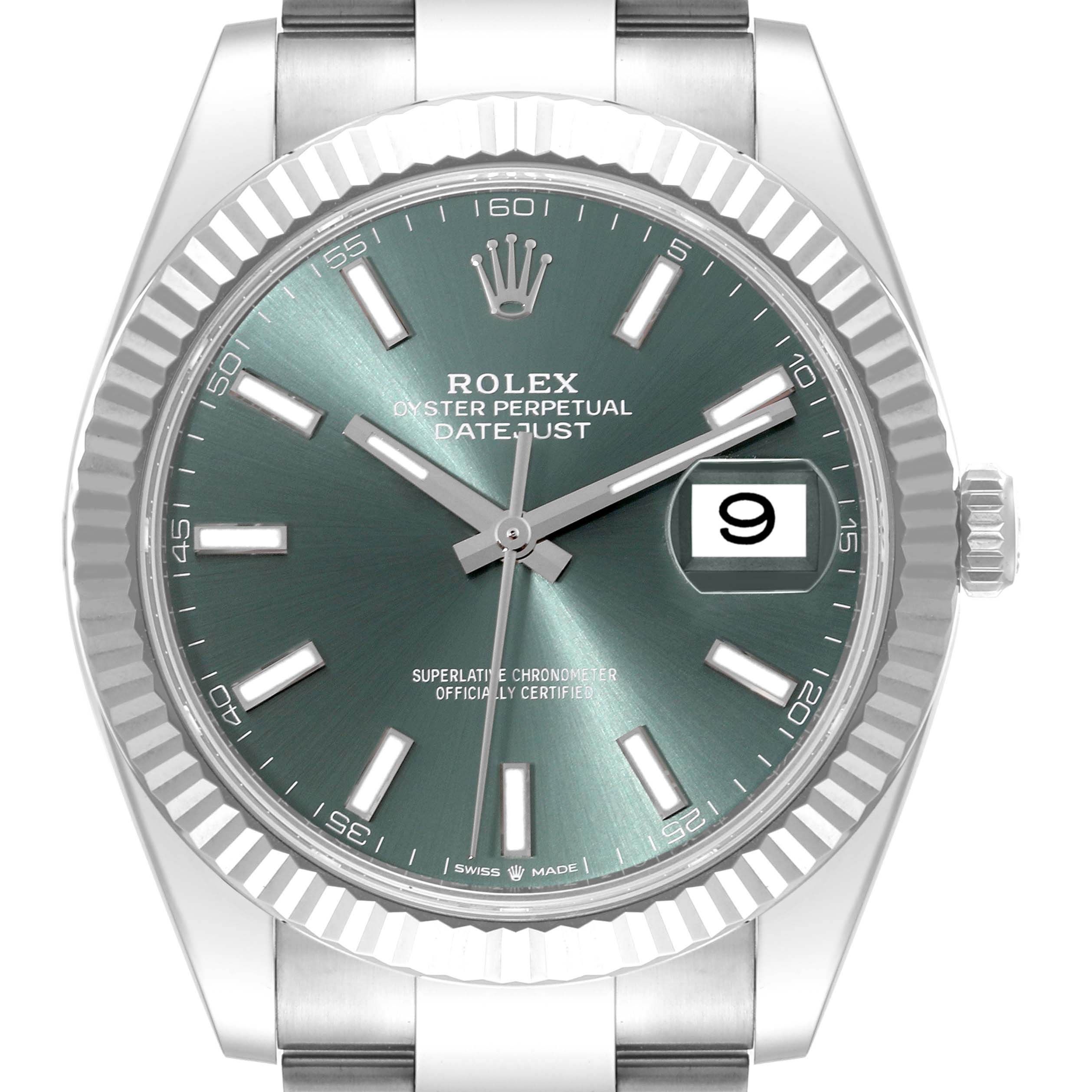 This image shows a front view of the Rolex Datejust 41 126334 Men
s Stainless Steel Green Dial 126334 Men
s Stainless Steel Green Dial watch, highlighting the dial, bezel, crown, and date window.
