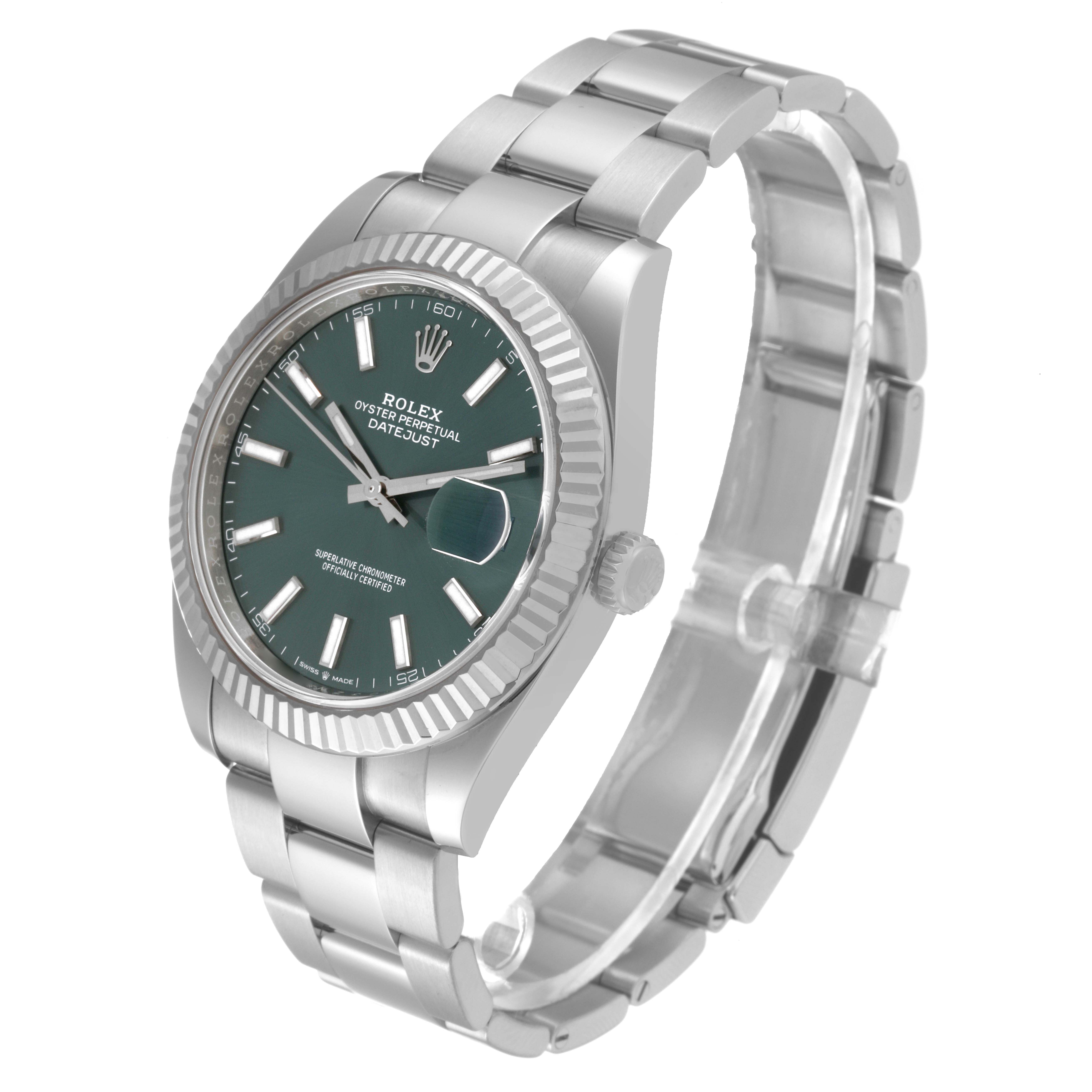 The image shows a three-quarter side view of the Rolex Datejust 41 126334 Men
s Stainless Steel Green Dial 126334 Men
s Stainless Steel Green Dial model, displaying the face, bezel, crown, and bracelet.