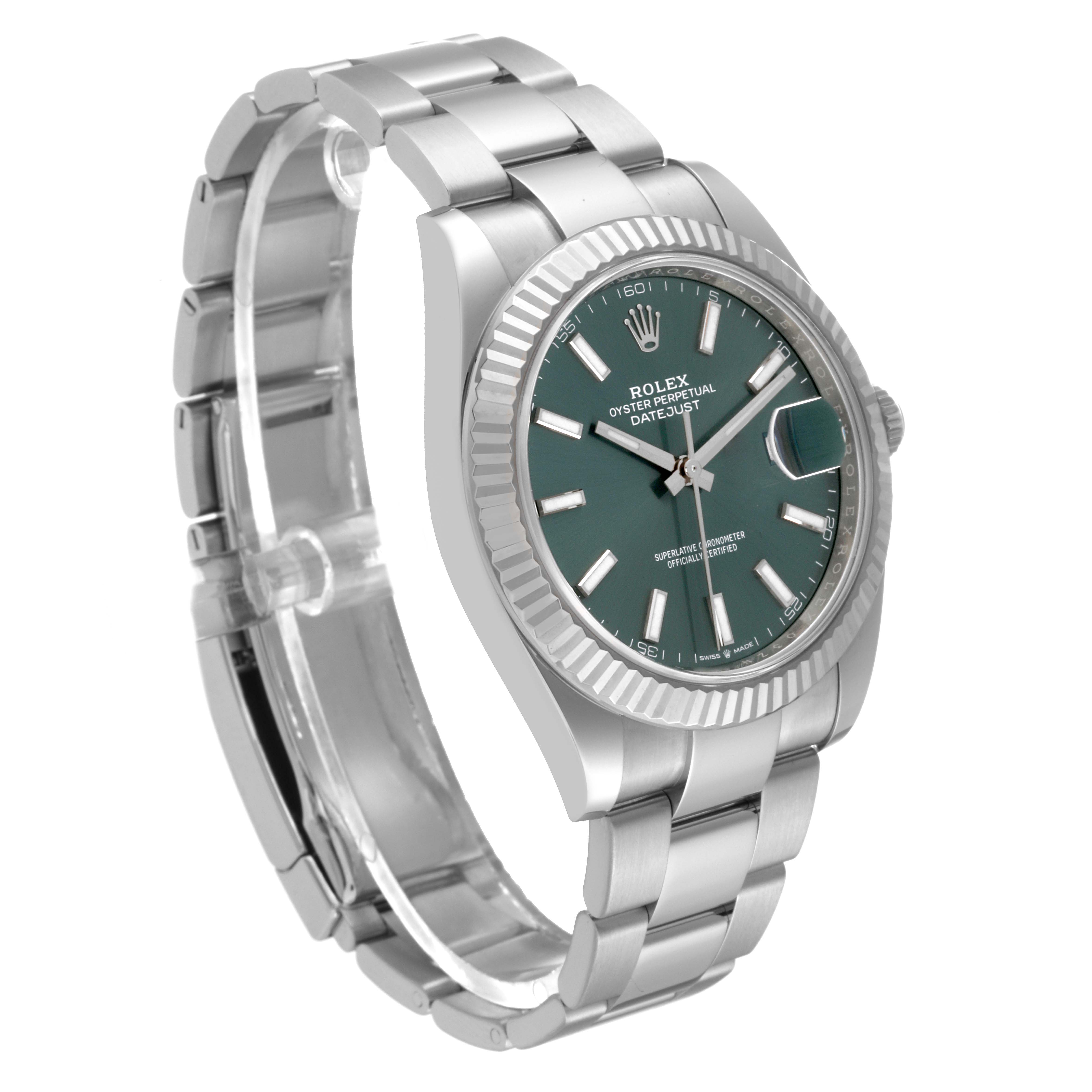 The Rolex Datejust 41 126334 Men
s Stainless Steel Green Dial 126334 Men
s Stainless Steel Green Dial is shown at a three-quarter angle, highlighting the dial, bezel, case, and bracelet.