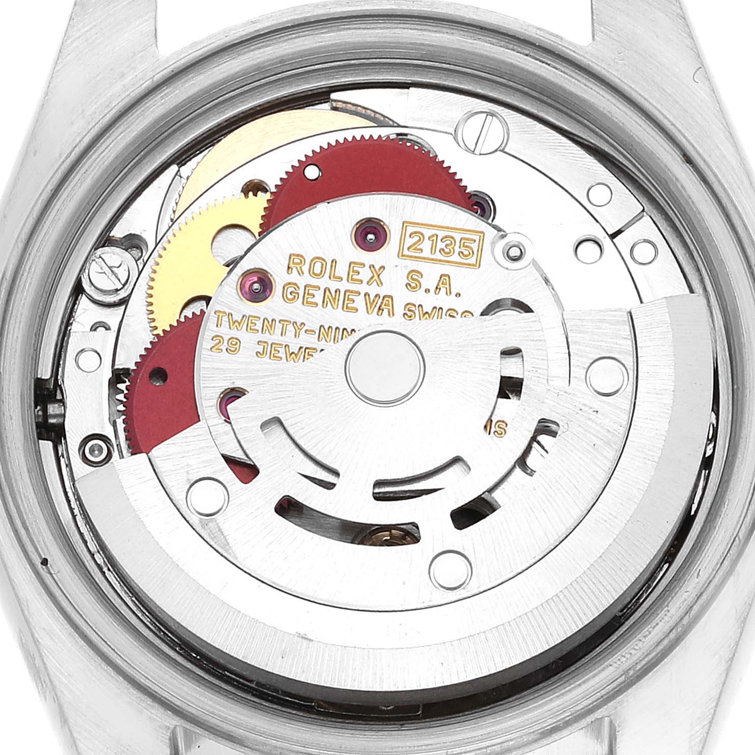 This is an image of the internal mechanism of a Rolex Datejust 69173G Women's Steel and Gold (two tone) Champagne Dial 69173G Women's Steel and Gold (two tone) Champagne Dial watch, showing the movement and gear components.
