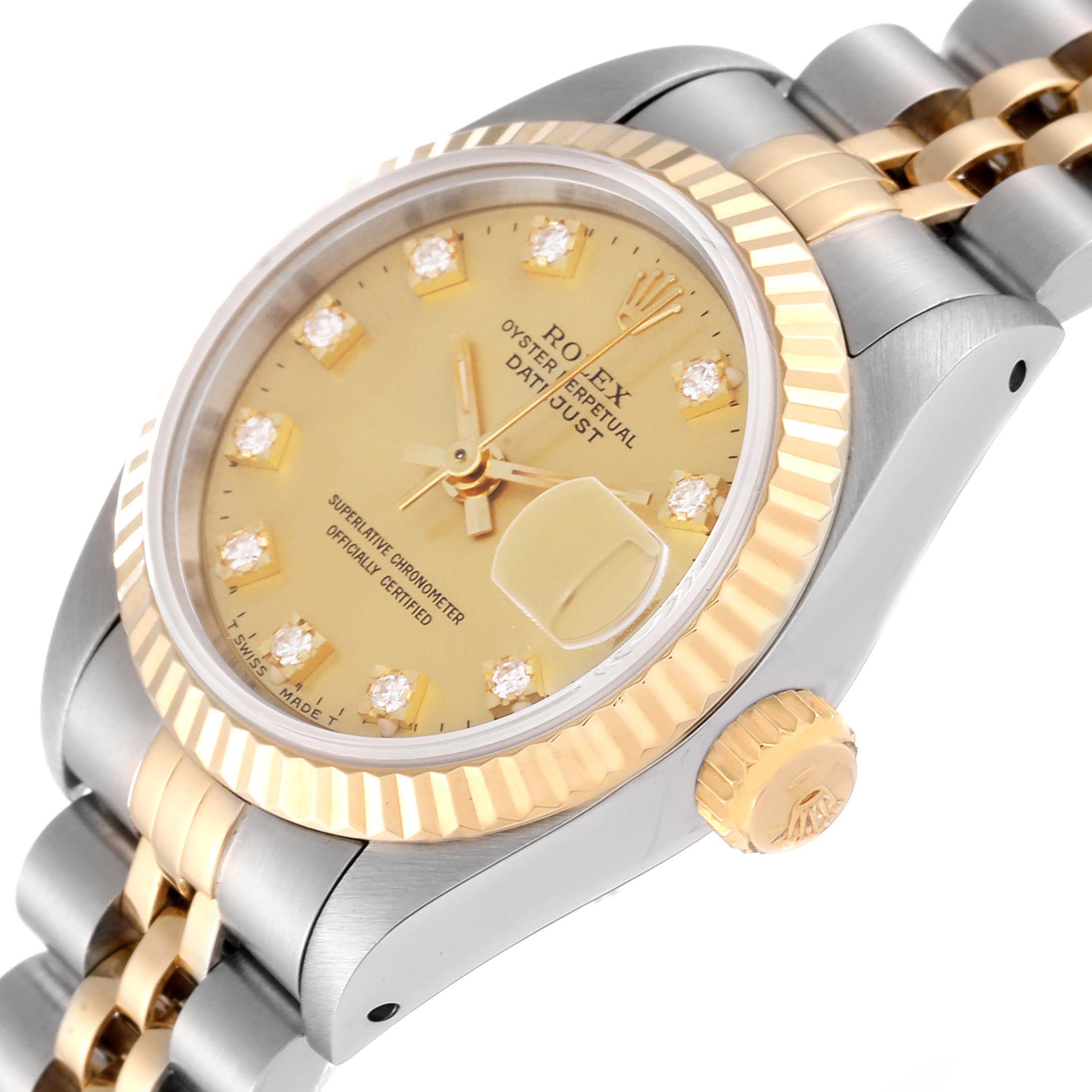 The image shows a close-up angled view of the dial, crown, and bracelet of a Rolex Datejust 69173G Women's Steel and Gold (two tone) Champagne Dial 69173G Women's Steel and Gold (two tone) Champagne Dial watch.