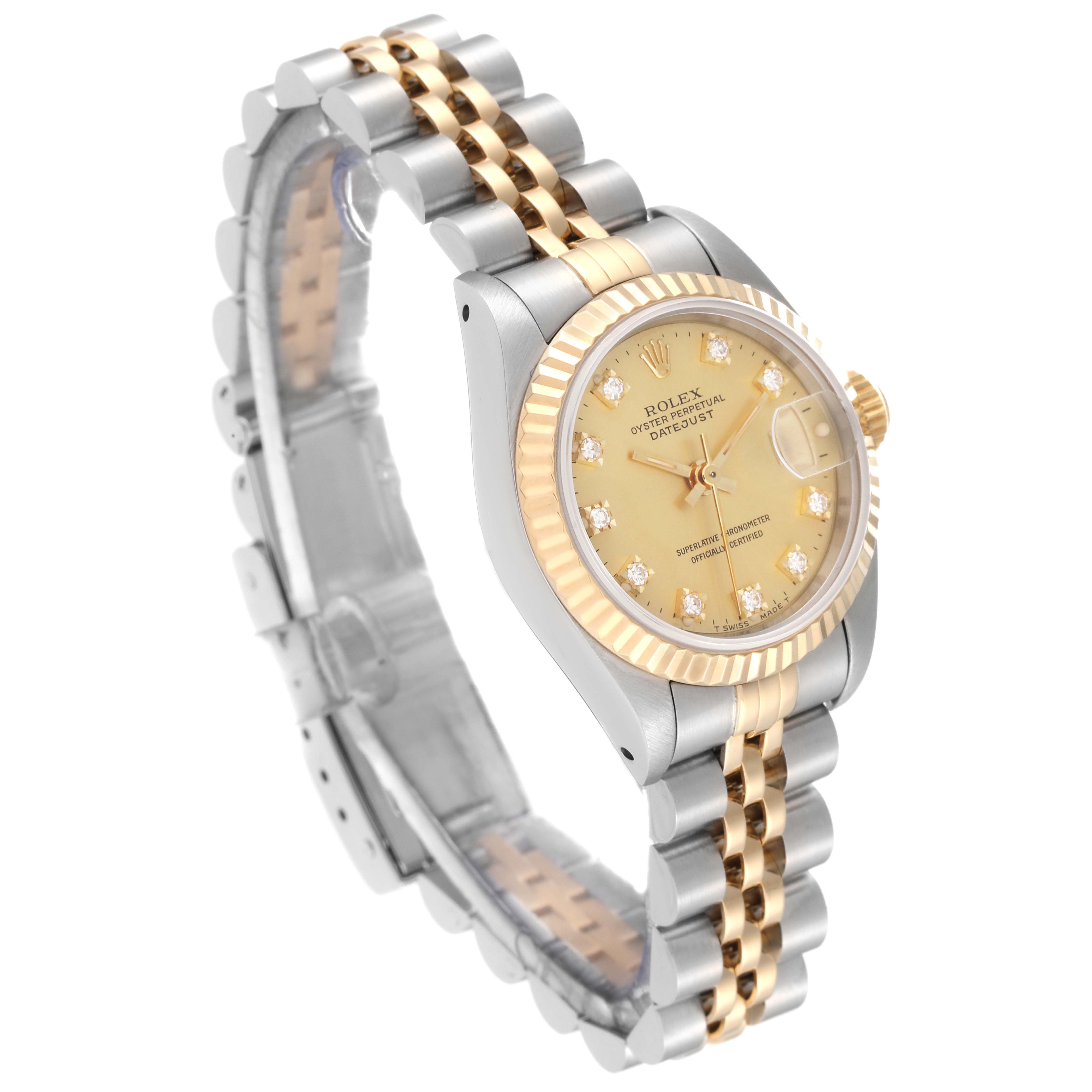 This image shows a Rolex Datejust 69173G Women's Steel and Gold (two tone) Champagne Dial 69173G Women's Steel and Gold (two tone) Champagne Dial watch at a slight angle, highlighting the gold and silver bracelet as well as the diamond-accented dial and bezel.
