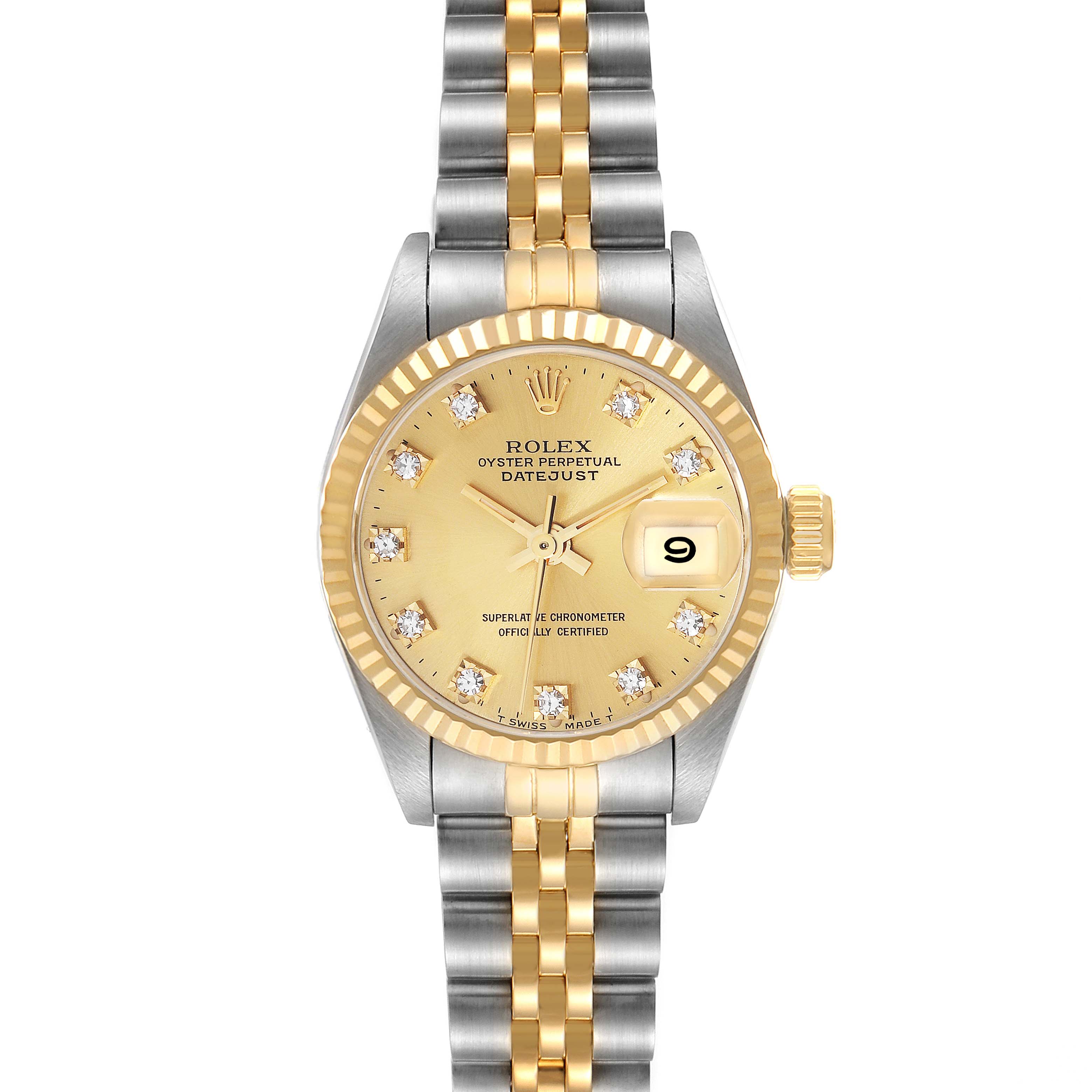 This image shows a front view of a Rolex Datejust 69173G Women's Steel and Gold (two tone) Champagne Dial 69173G Women's Steel and Gold (two tone) Champagne Dial watch, highlighting its dial, bezel, and bracelet.