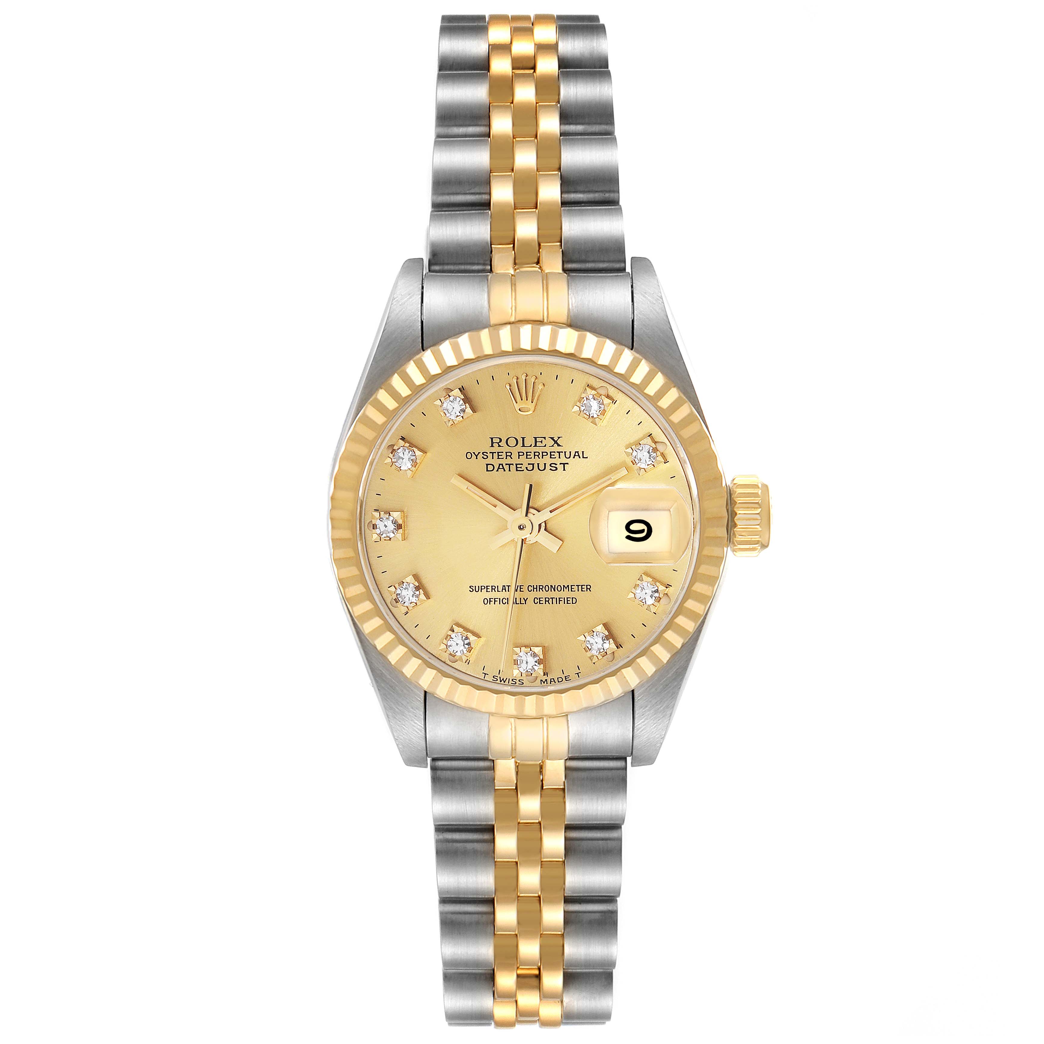 The image shows a frontal view of a Rolex Datejust 69173G Women's Steel and Gold (two tone) Champagne Dial 69173G Women's Steel and Gold (two tone) Champagne Dial watch, highlighting its two-tone band, gold bezel, and diamond markers.