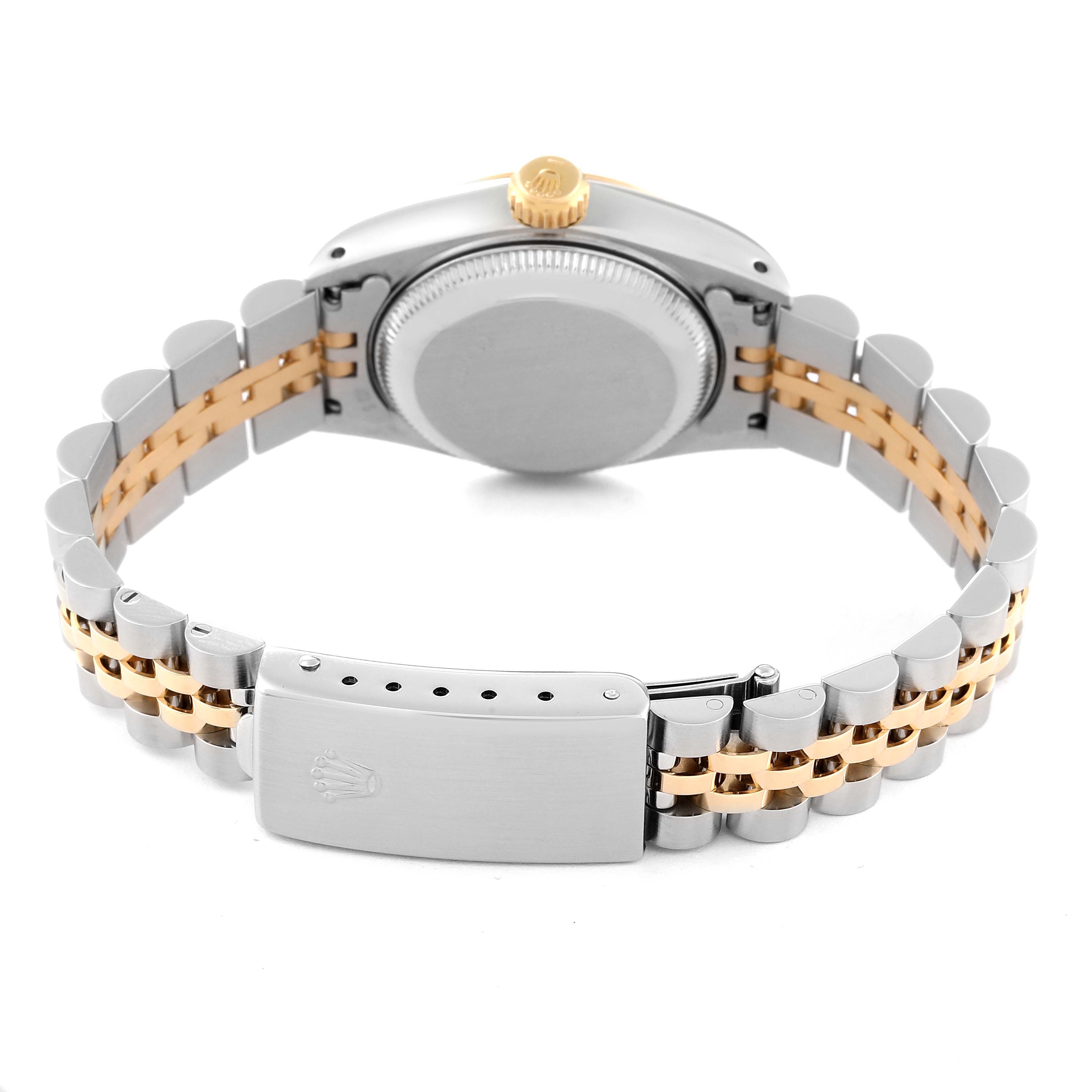 The image shows the back view of the case, crown, and jubilee bracelet with its clasp of a Rolex Datejust 69173G Women's Steel and Gold (two tone) Champagne Dial 69173G Women's Steel and Gold (two tone) Champagne Dial watch.