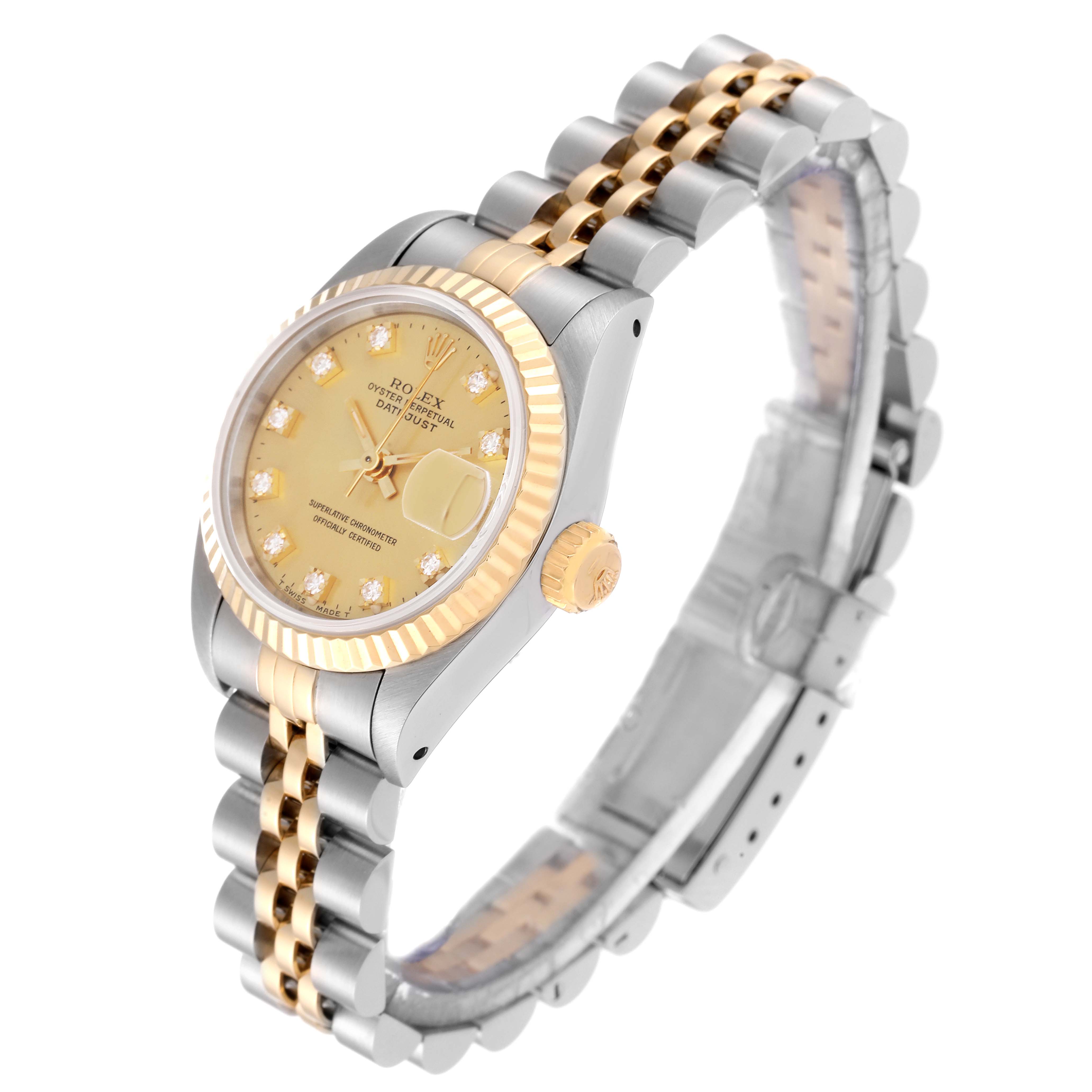 The image shows a side angle of a Rolex Datejust 69173G Women's Steel and Gold (two tone) Champagne Dial 69173G Women's Steel and Gold (two tone) Champagne Dial watch, highlighting its dial, crown, and two-tone bracelet.