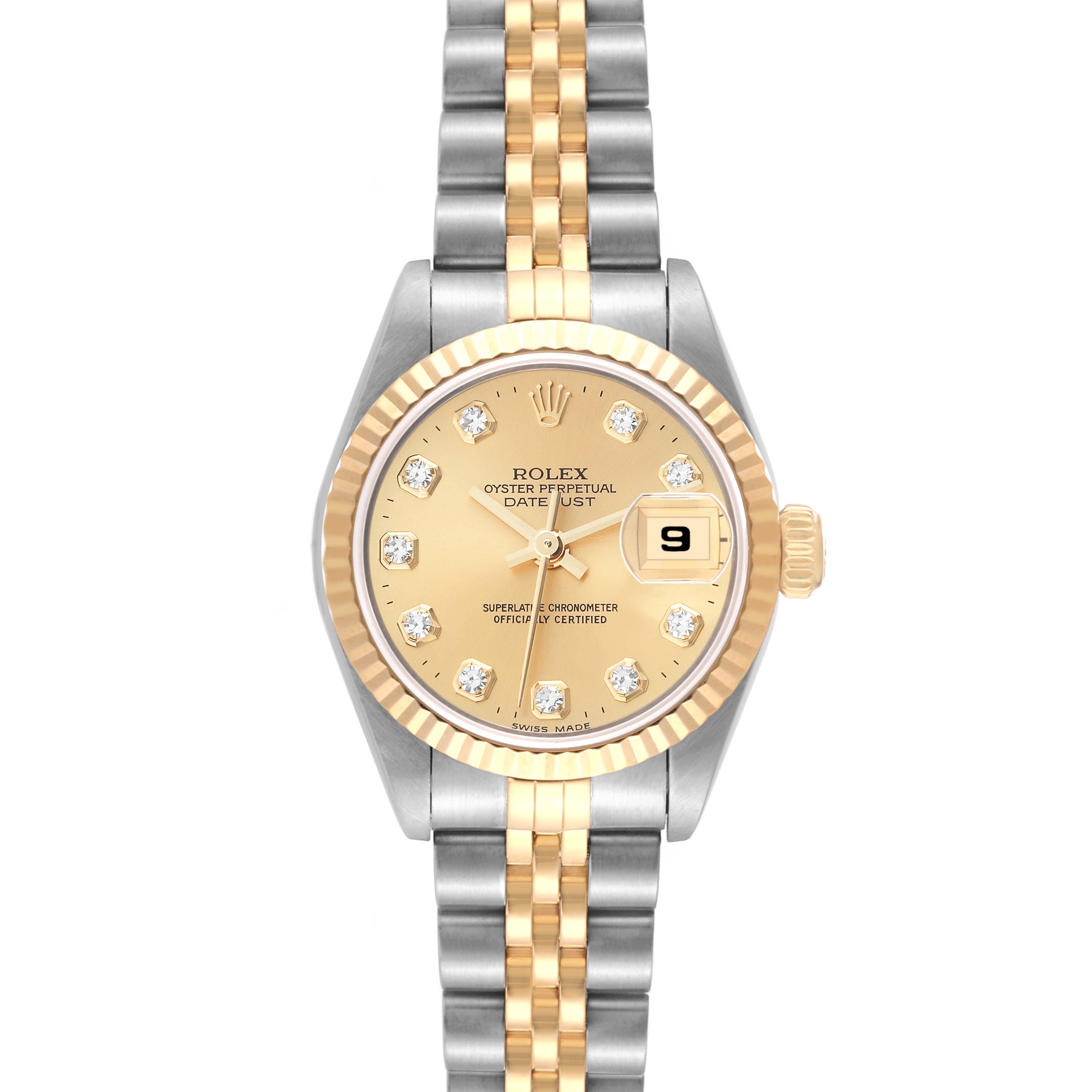 The Rolex Datejust 69173 Women's Steel and Gold (two tone) Champagne Dial 69173 Women's Steel and Gold (two tone) Champagne Dial watch is shown from a top view, displaying its face, bezel, crown, and two-tone bracelet.