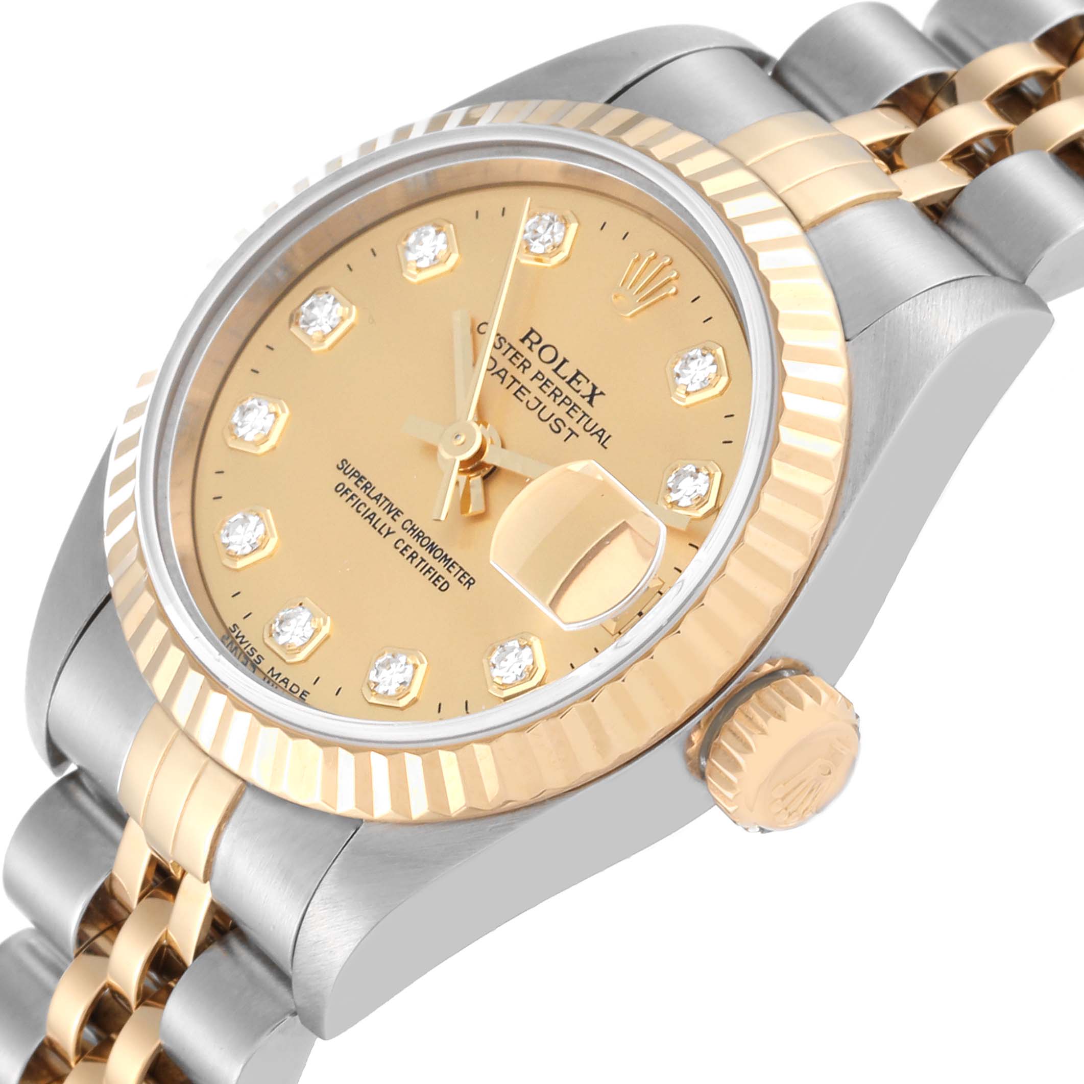 The Rolex Datejust 69173 Women's Steel and Gold (two tone) Champagne Dial 69173 Women's Steel and Gold (two tone) Champagne Dial watch is shown at an angle highlighting its case, bezel, dial, crown, and part of the bracelet.