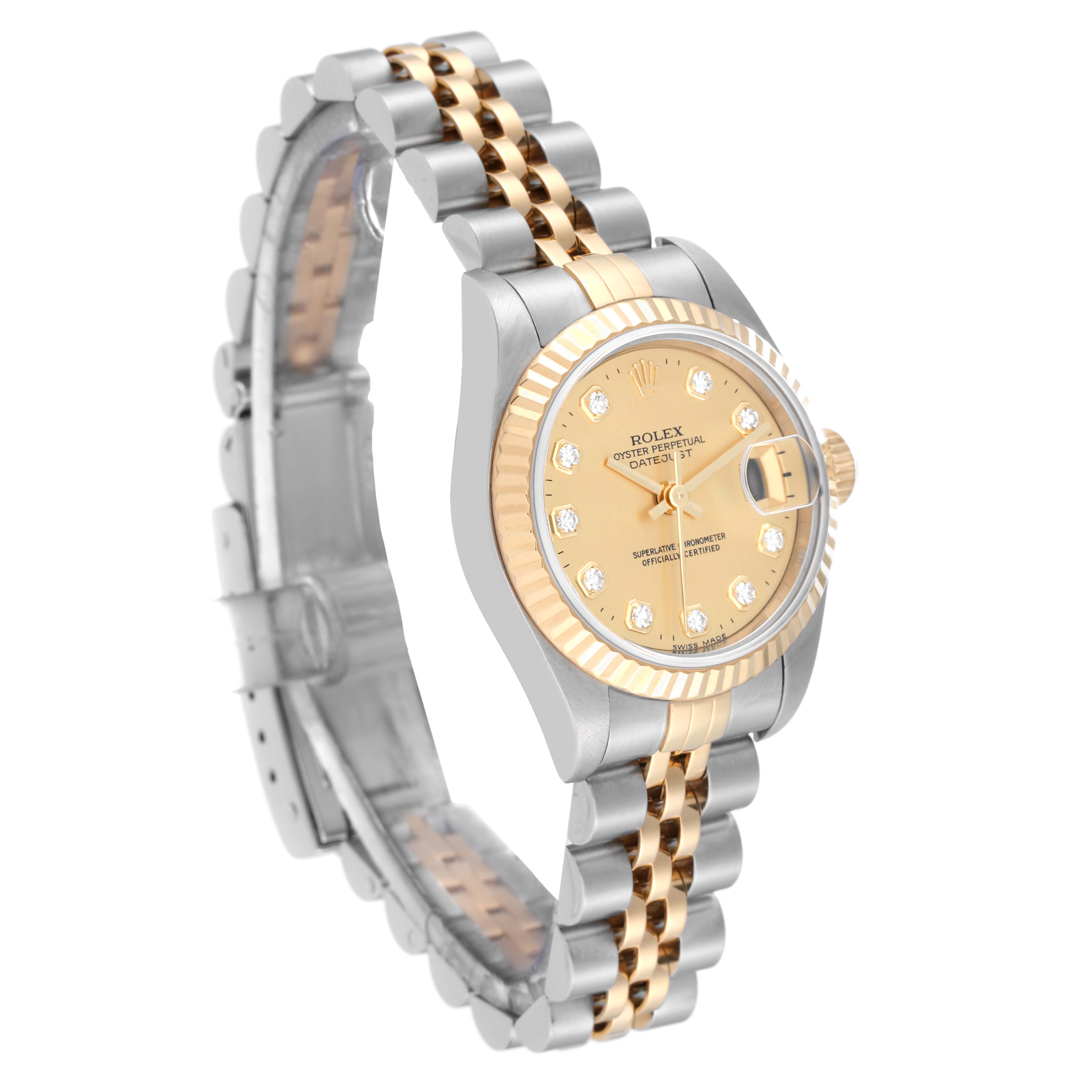 This image shows a Rolex Datejust 69173 Women's Steel and Gold (two tone) Champagne Dial 69173 Women's Steel and Gold (two tone) Champagne Dial watch angled from the front-left, displaying its dial, bezel, and Jubilee bracelet.