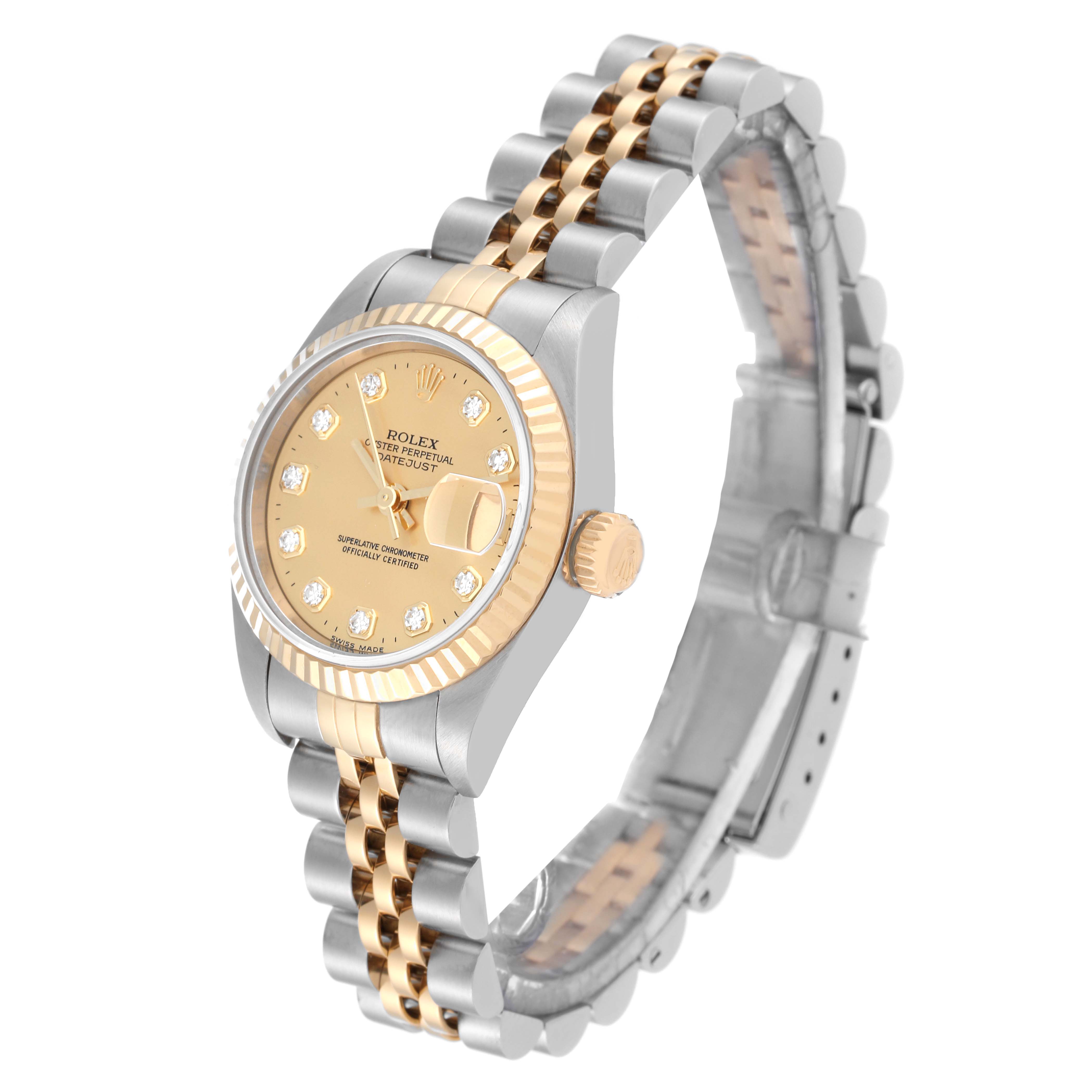 The image shows a Rolex Datejust 69173 Women's Steel and Gold (two tone) Champagne Dial 69173 Women's Steel and Gold (two tone) Champagne Dial watch at a three-quarter angle, highlighting the dial, bezel, crown, and bracelet.