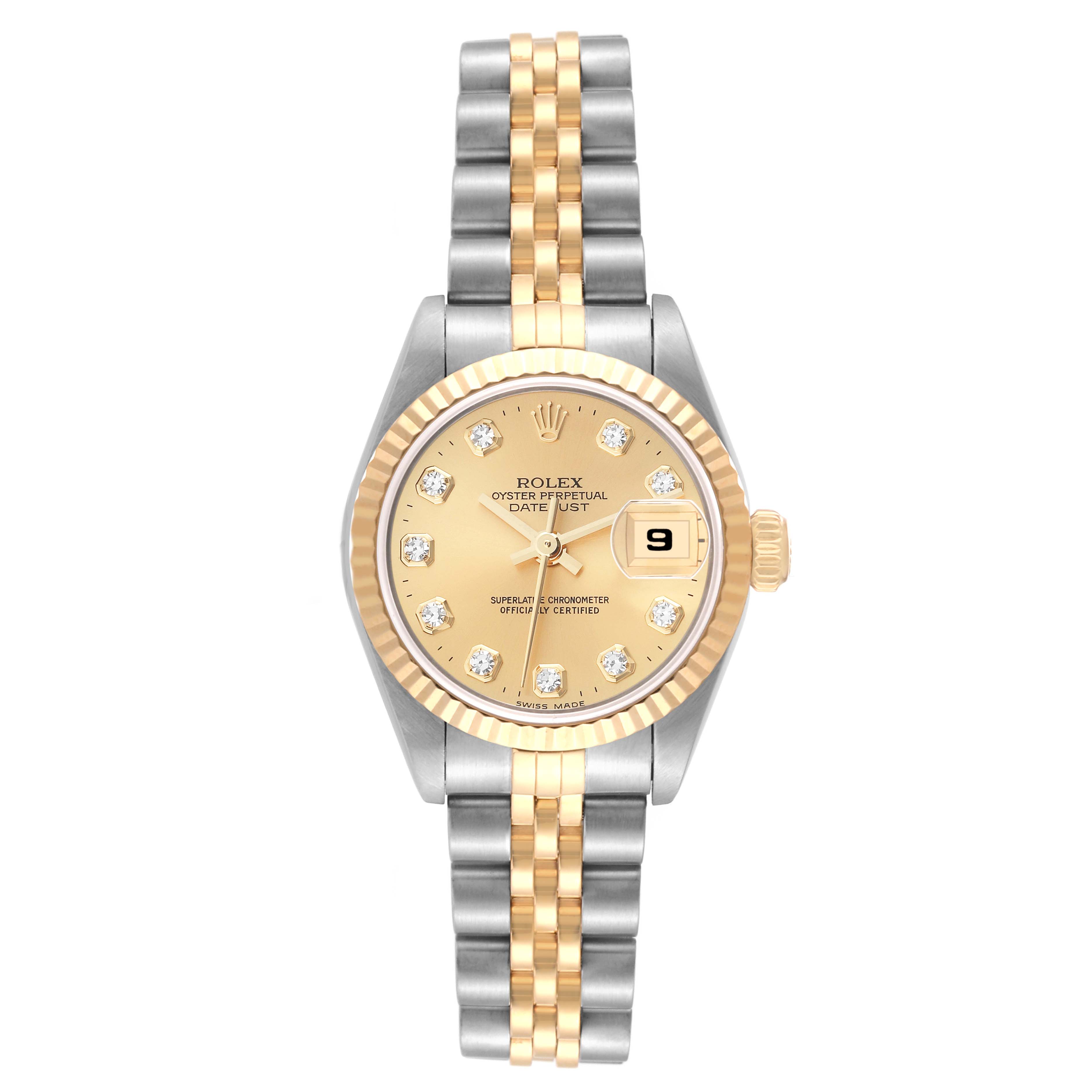 The image shows a Rolex Datejust 69173 Women's Steel and Gold (two tone) Champagne Dial 69173 Women's Steel and Gold (two tone) Champagne Dial watch from a front angle, highlighting its face, bezel, dial, and bracelet.