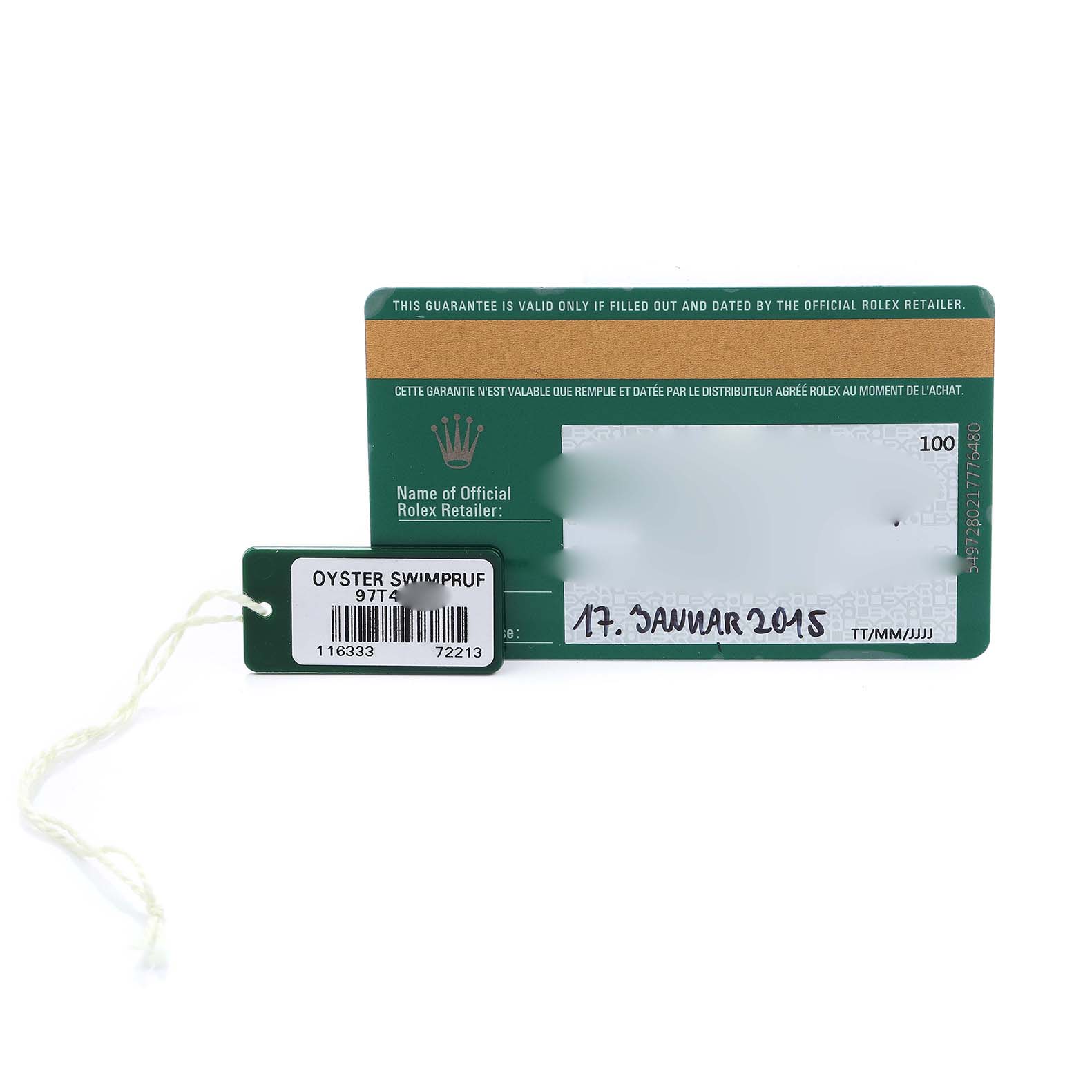 The image shows the warranty card and tag for a Rolex Datejust 41 116333 Men's Steel and Gold (two tone) Black Dial from a top view angle.