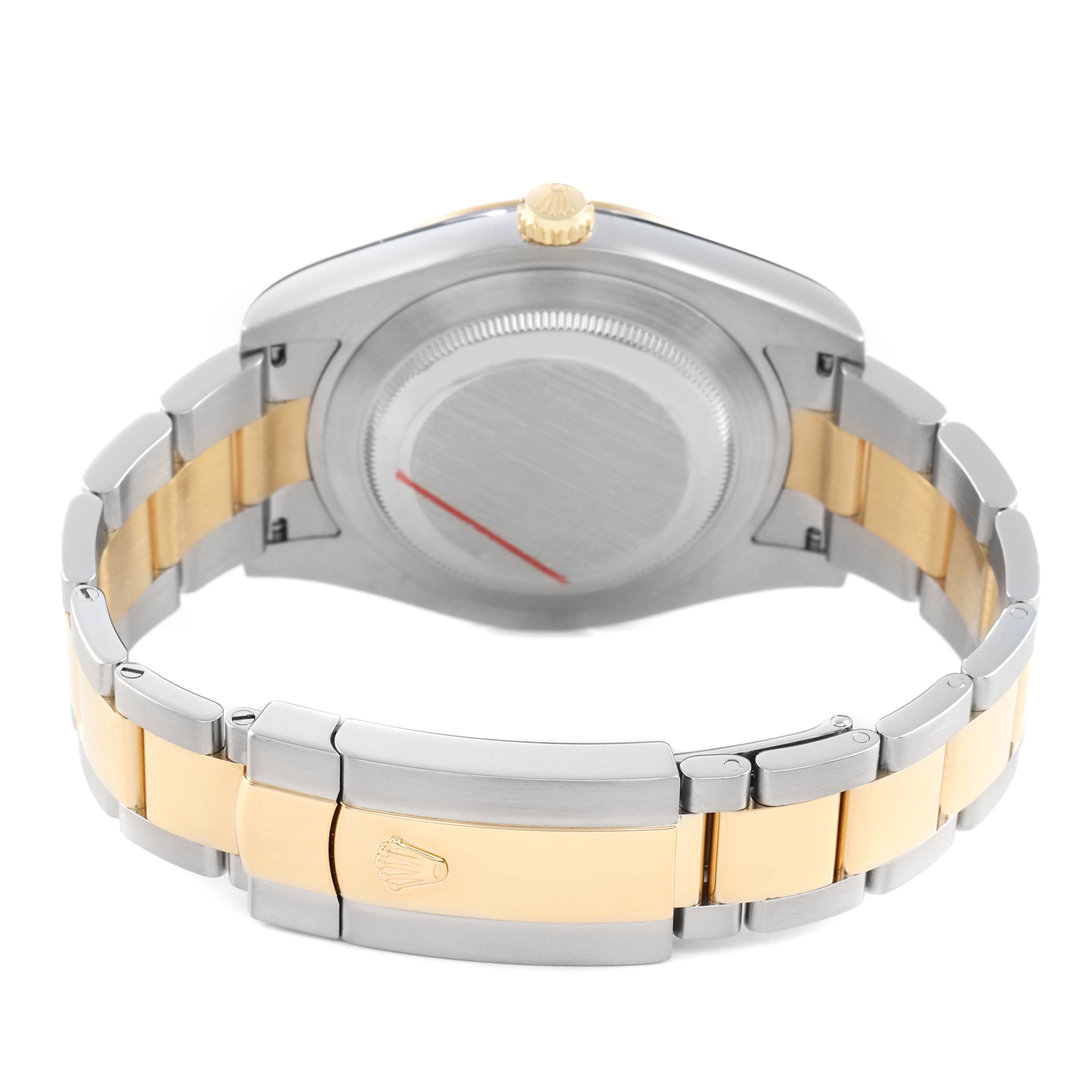 The image shows the back of a Rolex Datejust 41 116333 Men's Steel and Gold (two tone) Black Dial, featuring the case back, crown, and two-tone bracelet.