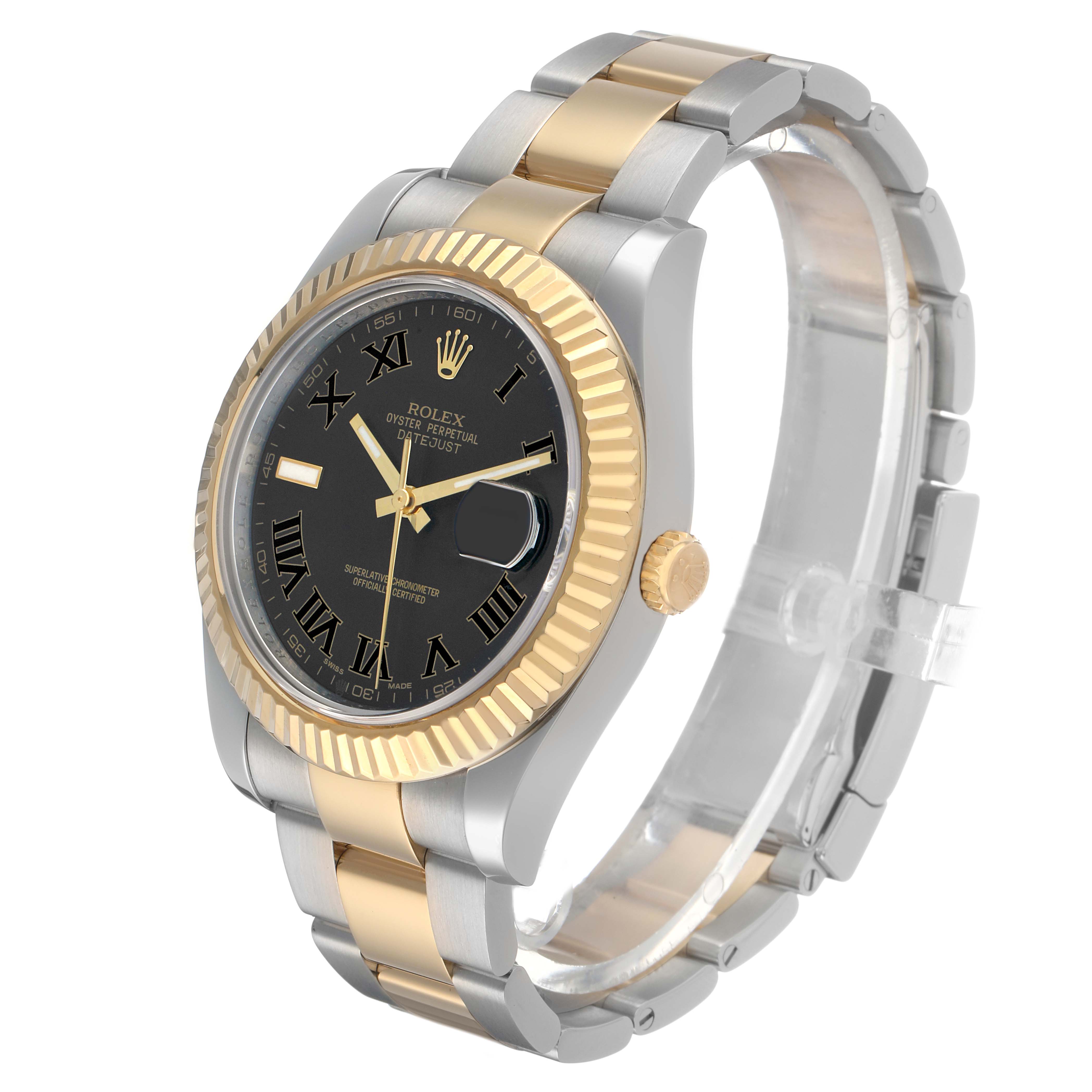 The Rolex Datejust 41 116333 Men's Steel and Gold (two tone) Black Dial is shown at a three-quarter angle, displaying the bezel, dial, crown, and bracelet links.