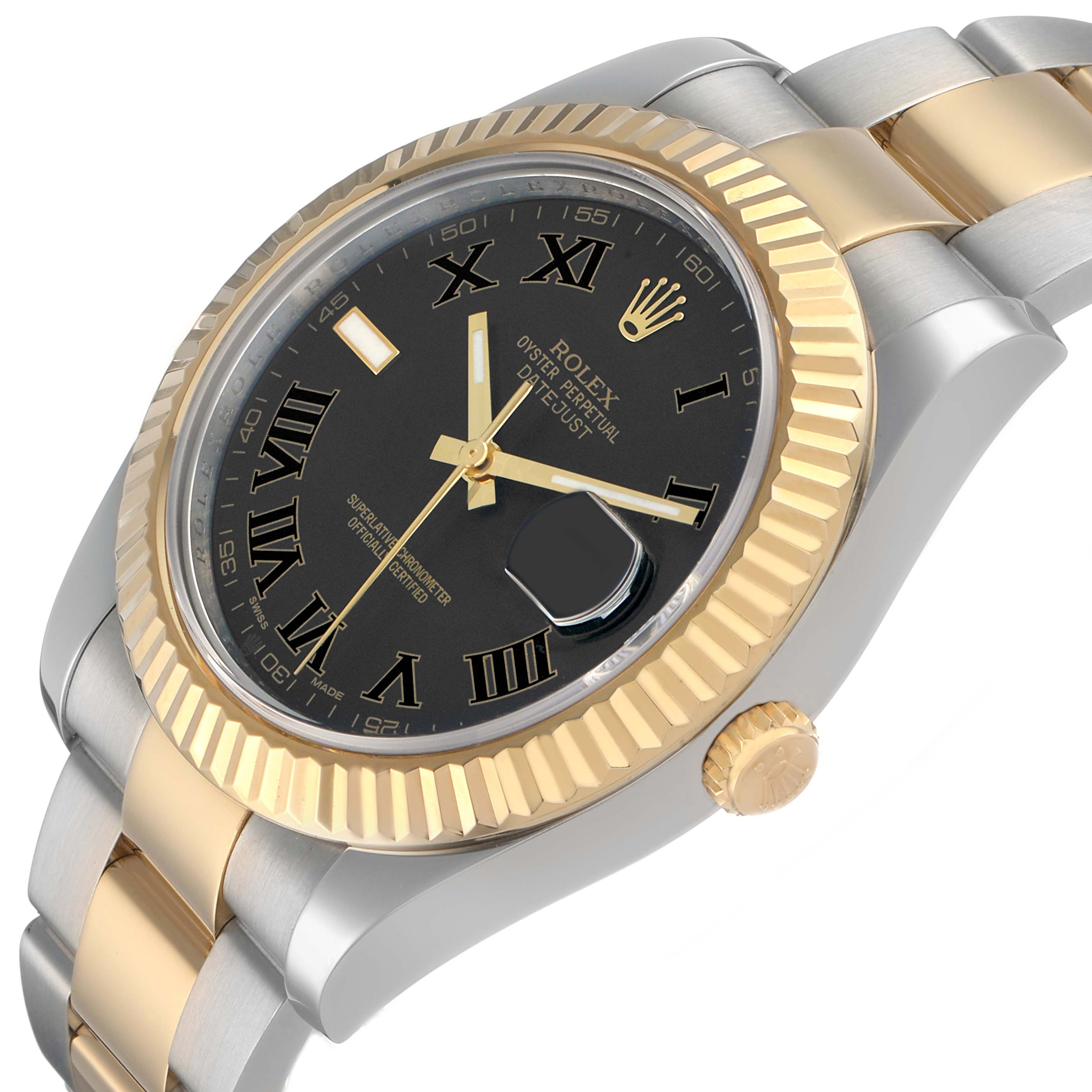 The Rolex Datejust 41 116333 Men's Steel and Gold (two tone) Black Dial is shown at a side angle, displaying the dial, fluted bezel, crown, and part of the bracelet.