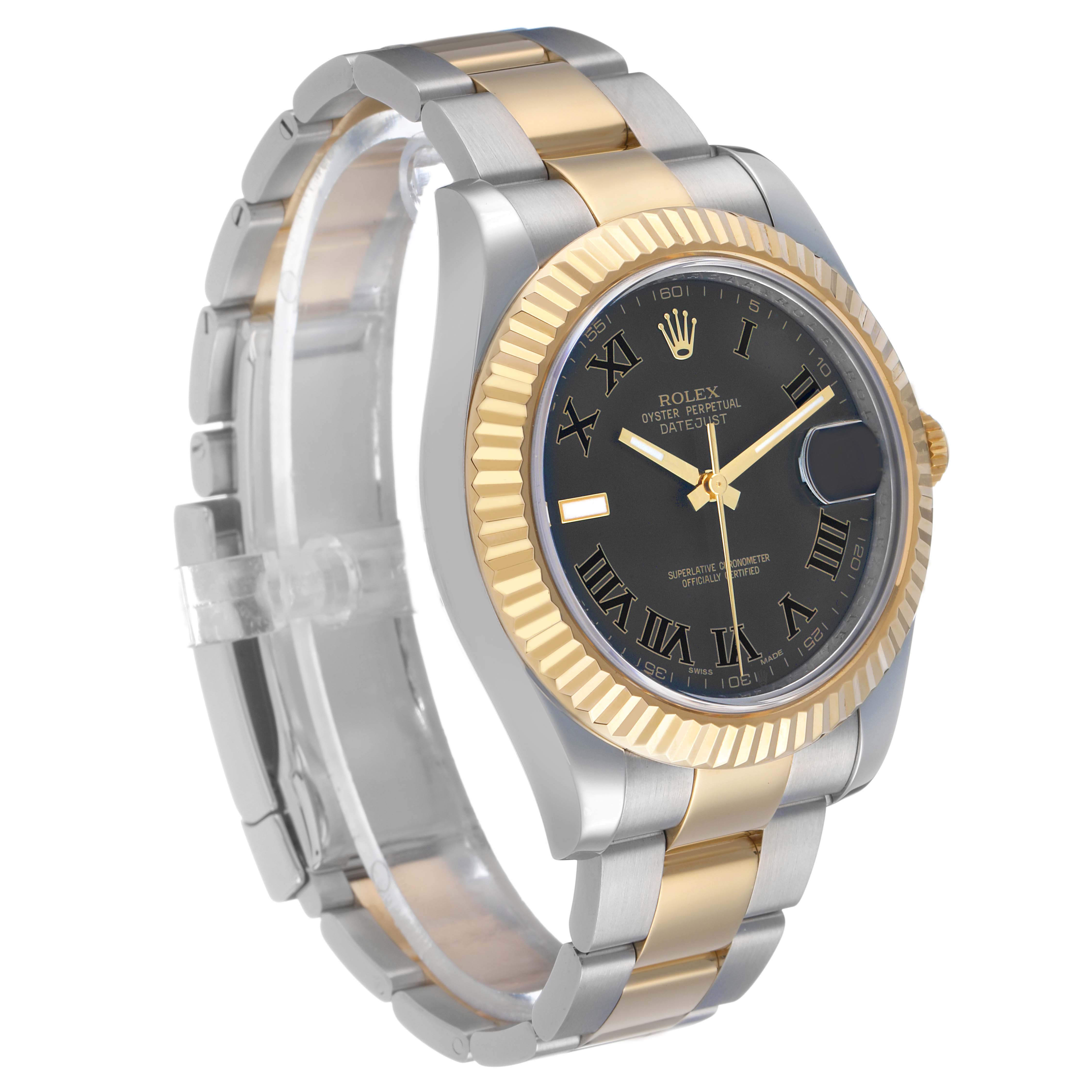 The Rolex Datejust 41 116333 Men's Steel and Gold (two tone) Black Dial is shown at a slight angle, highlighting the two-tone bracelet, fluted bezel, and black dial with Roman numerals.