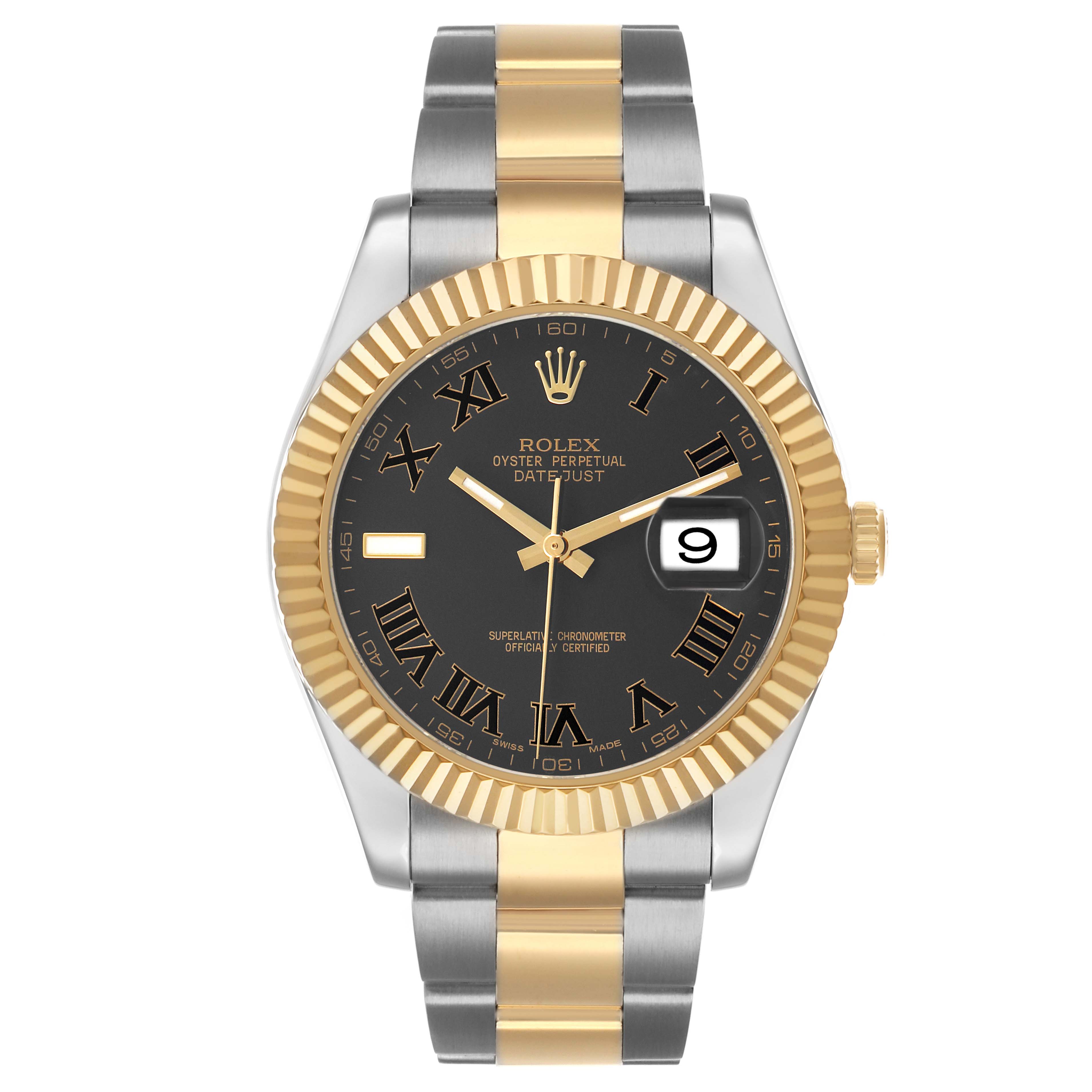 The Rolex Datejust 41 116333 Men's Steel and Gold (two tone) Black Dial is shown from the front, highlighting the black dial, gold bezel, and two-tone bracelet.