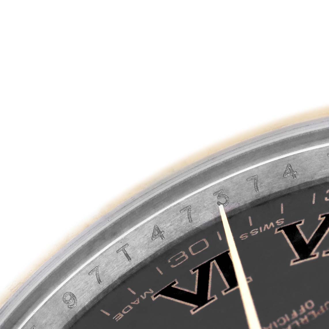 The image shows a close-up of the dial and bezel of a Rolex Datejust 41 116333 Men's Steel and Gold (two tone) Black Dial, focusing on the Roman numerals and minute markings.