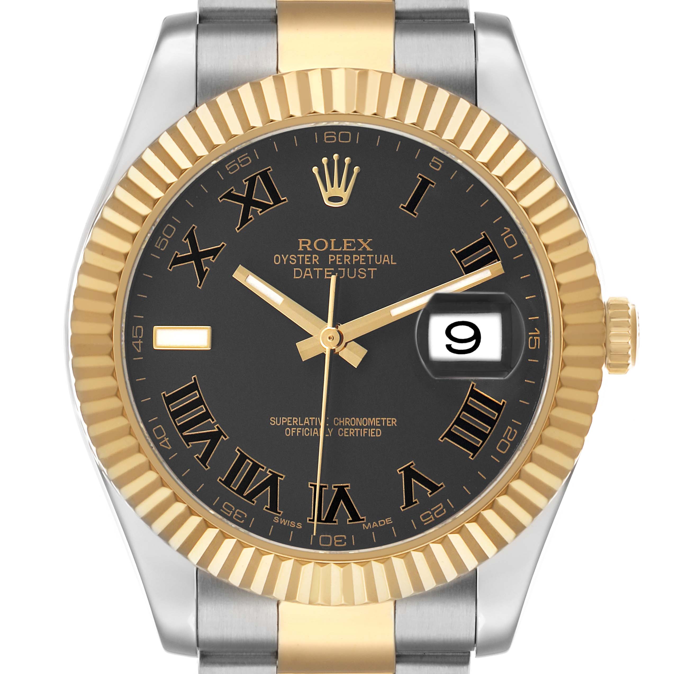 The Rolex Datejust 41 116333 Men's Steel and Gold (two tone) Black Dial is shown from the front, displaying the dial, fluted bezel, and bracelet.