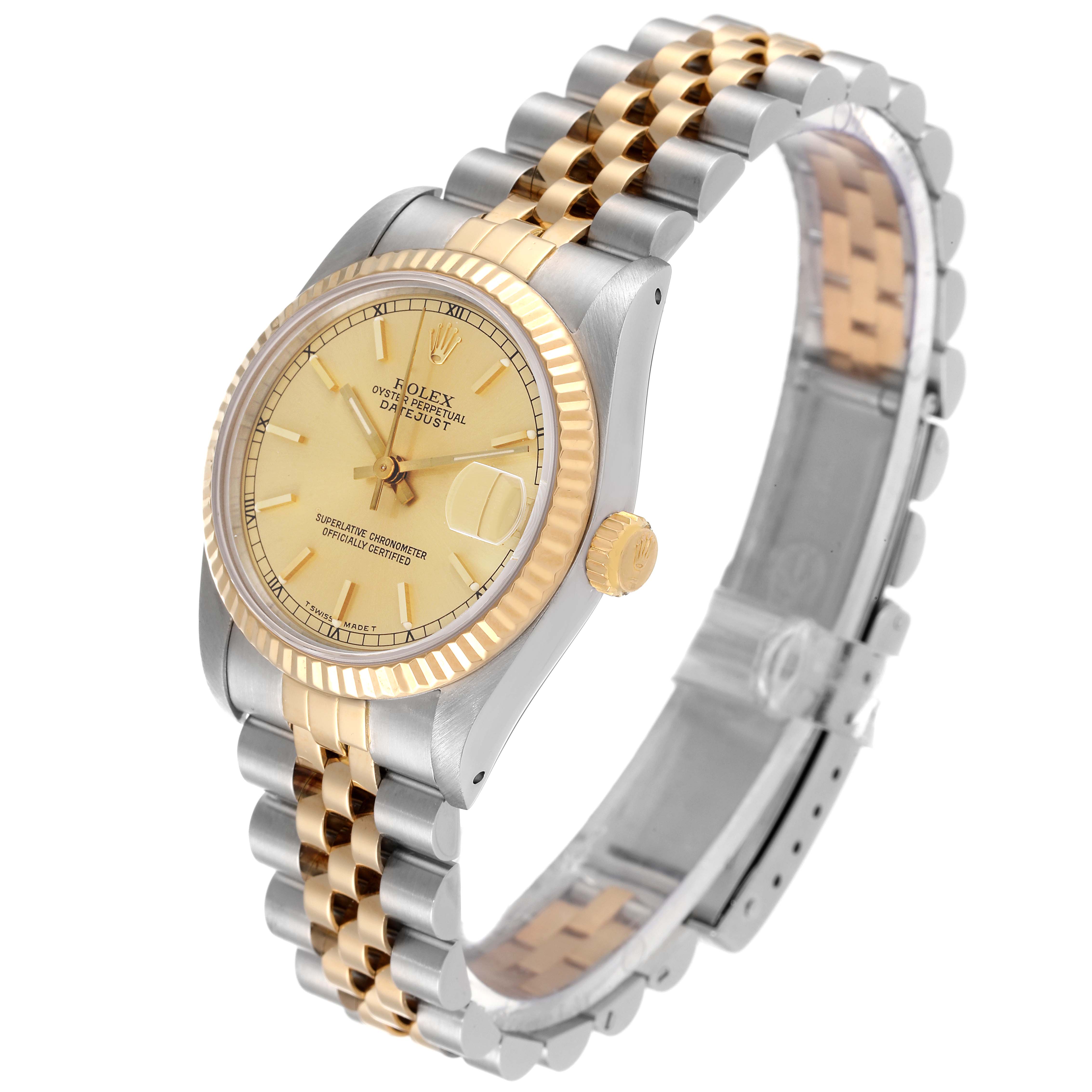 The Rolex Mid-Size 68273 Women
s Steel and Gold (two tone) Champagne Dial 68273 Women
s Steel and Gold (two tone) Champagne Dial model is shown at an angle displaying its face, bracelet, crown, and two-tone gold and silver design.