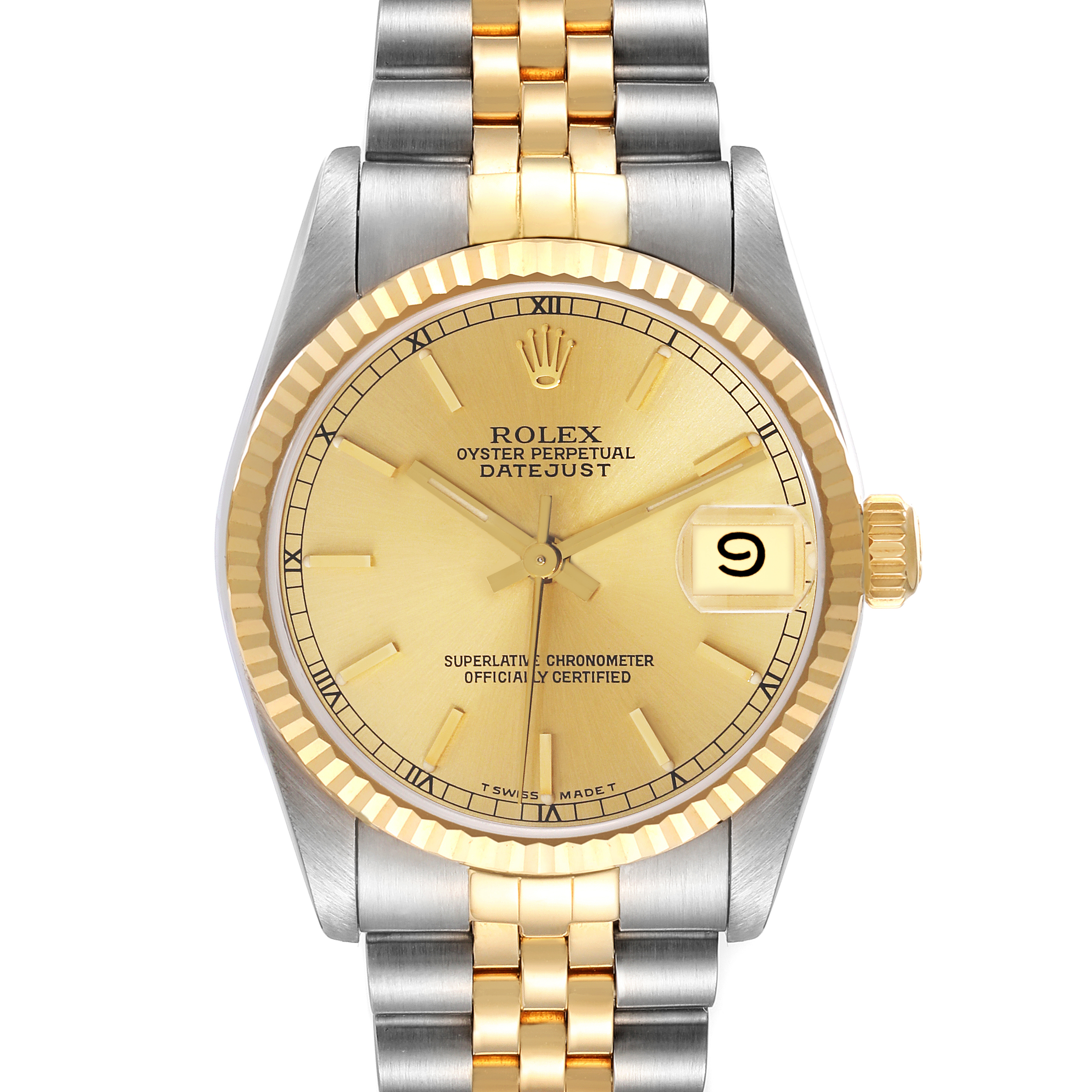 This Rolex Mid-Size 68273 Women
s Steel and Gold (two tone) Champagne Dial 68273 Women
s Steel and Gold (two tone) Champagne Dial Oyster Perpetual Datejust watch is shown from the front, highlighting its gold dial, two-tone bracelet, and fluted bezel.