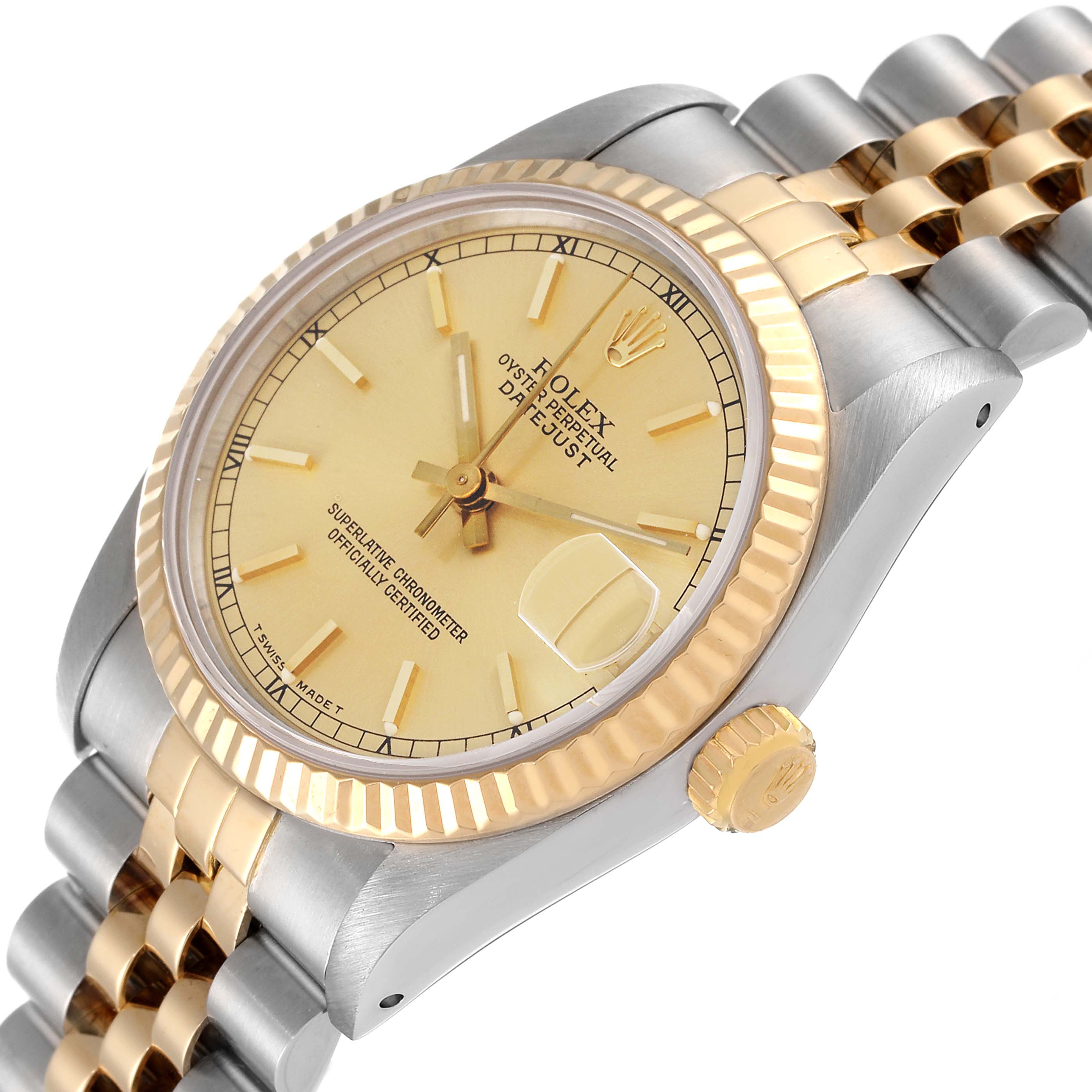 The image shows a Rolex Datejust Mid-Size watch from an angled top view, featuring the dial, bezel, crown, and bracelet.