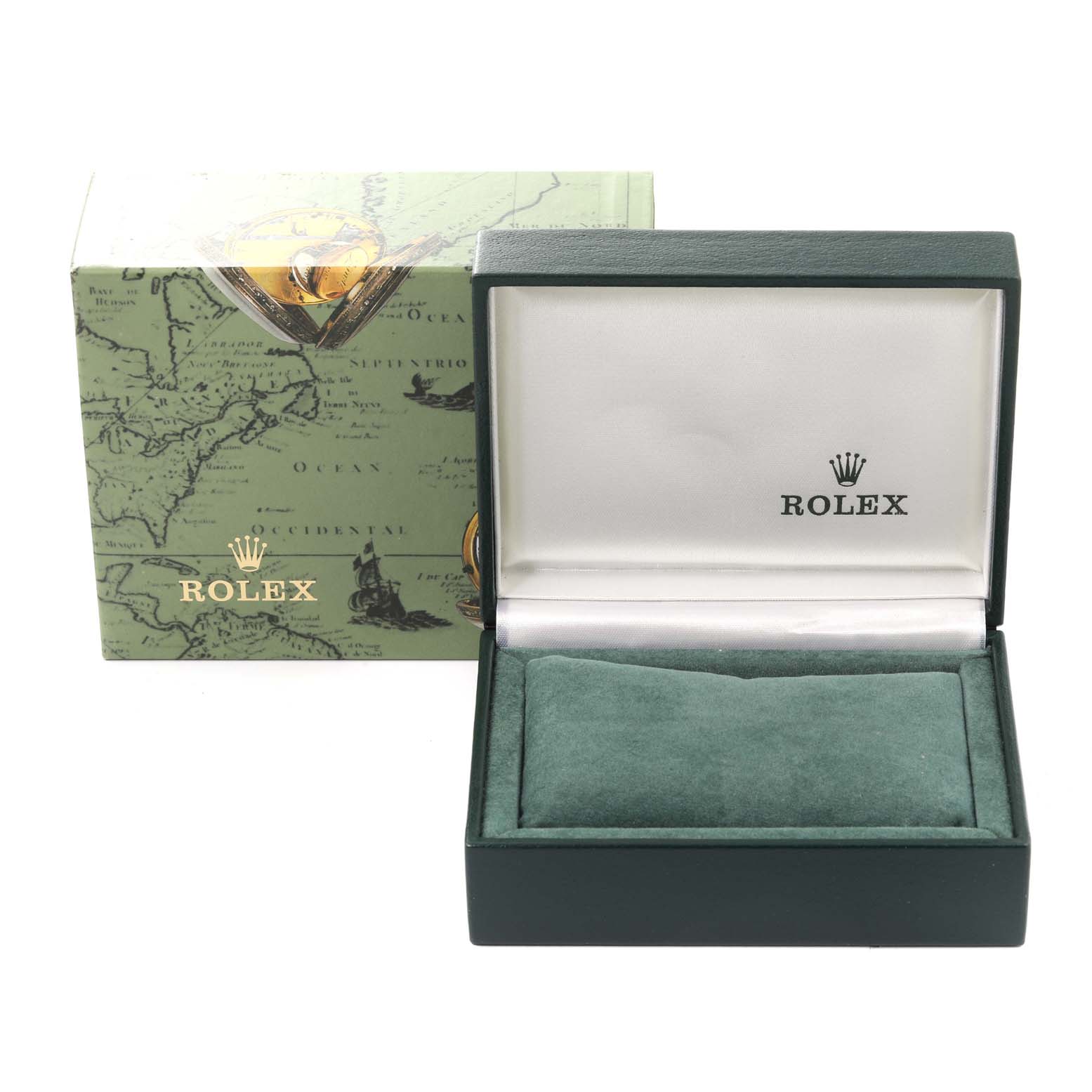 The image shows a Rolex Mid-Size 68273 Women
s Steel and Gold (two tone) Champagne Dial 68273 Women
s Steel and Gold (two tone) Champagne Dial model
s green watch box and outer packaging from a front angle.