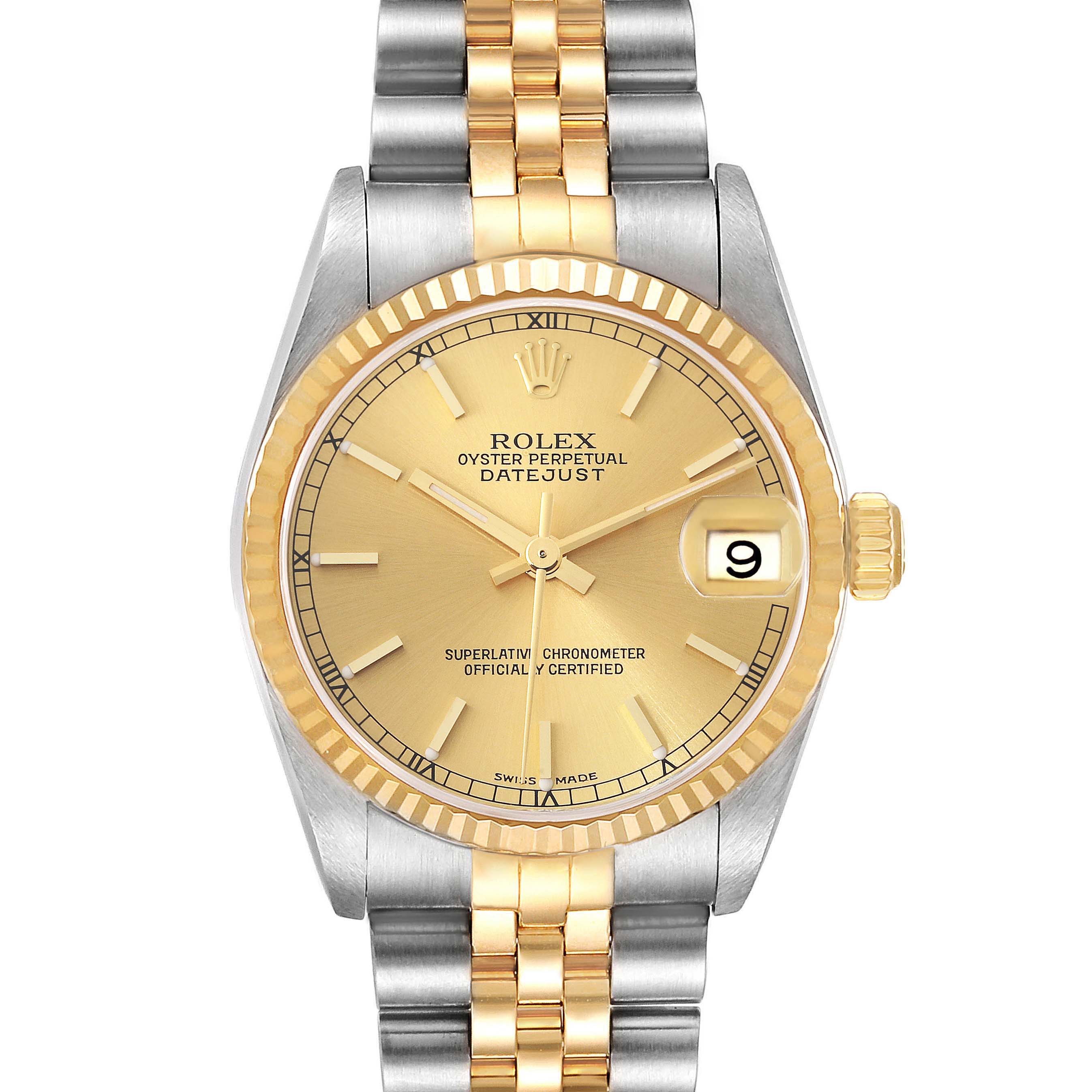 This image shows a Rolex Oyster Perpetual Datejust Mid-Size watch from the front, highlighting its gold and silver bracelet and champagne dial.