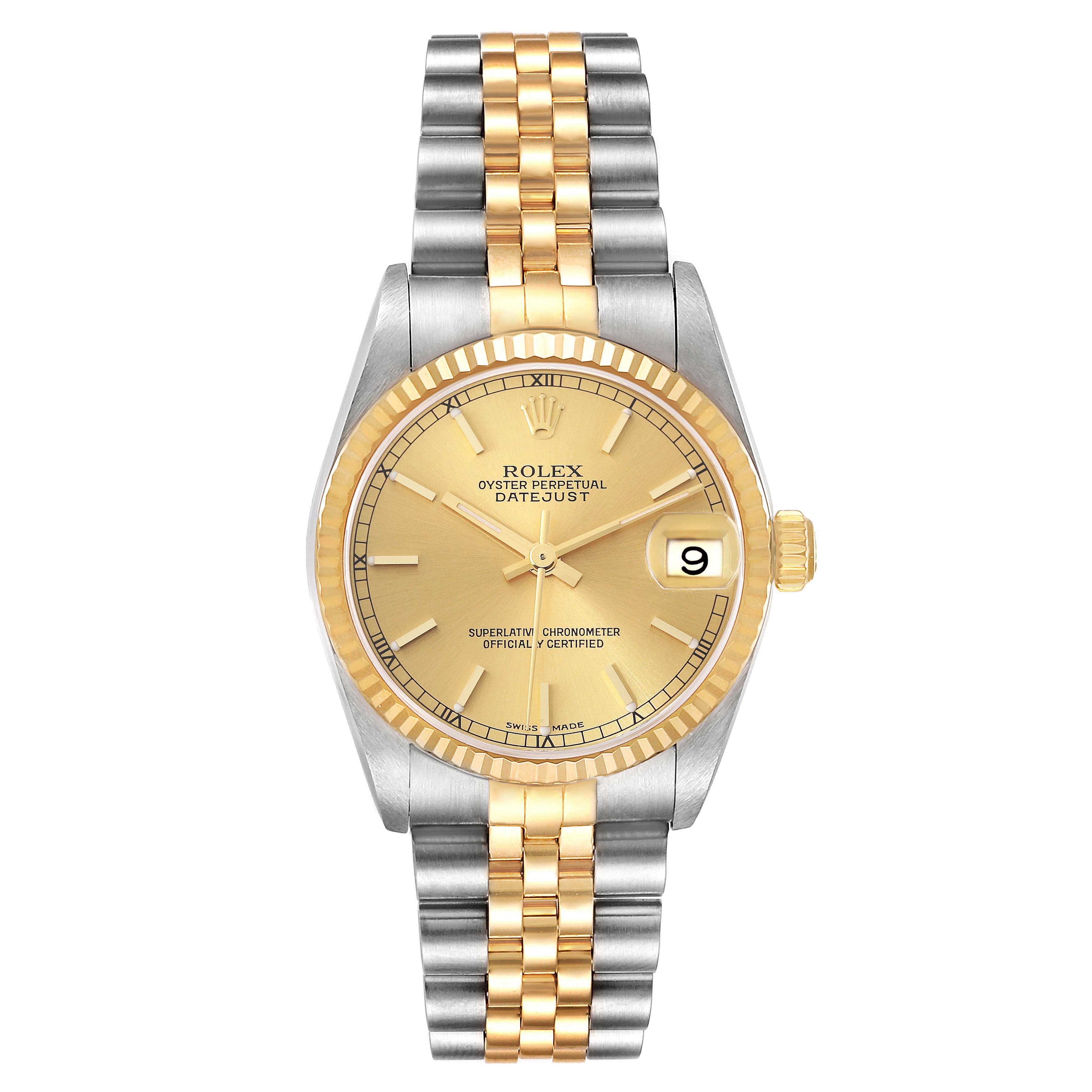 This image shows a front view of a Rolex Oyster Perpetual Datejust Mid-Size watch with a two-tone bracelet and gold dial.