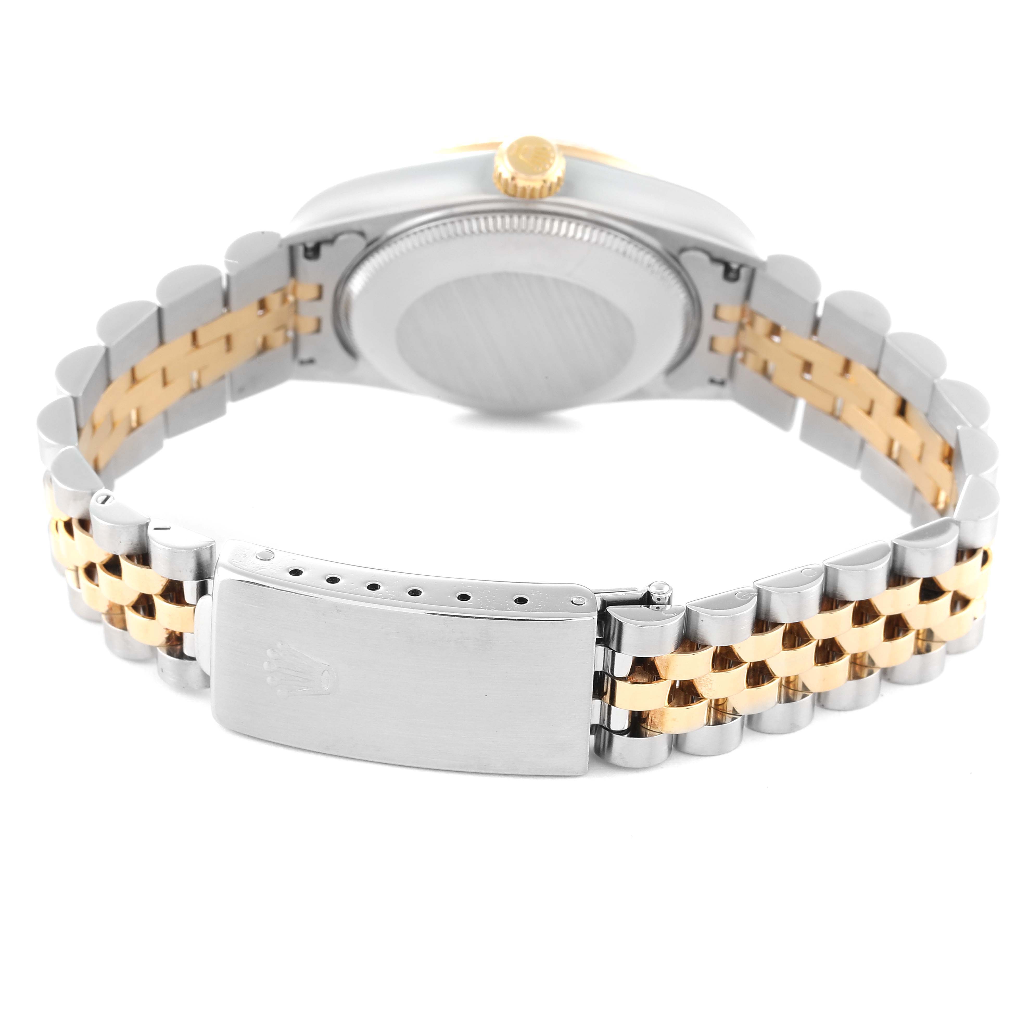 This image displays the back of a Rolex Mid-Size 78273 Women's Steel and Gold (two tone) Champagne Dial 78273 Women's Steel and Gold (two tone) Champagne Dial watch, highlighting the bracelet, clasp, and case back.