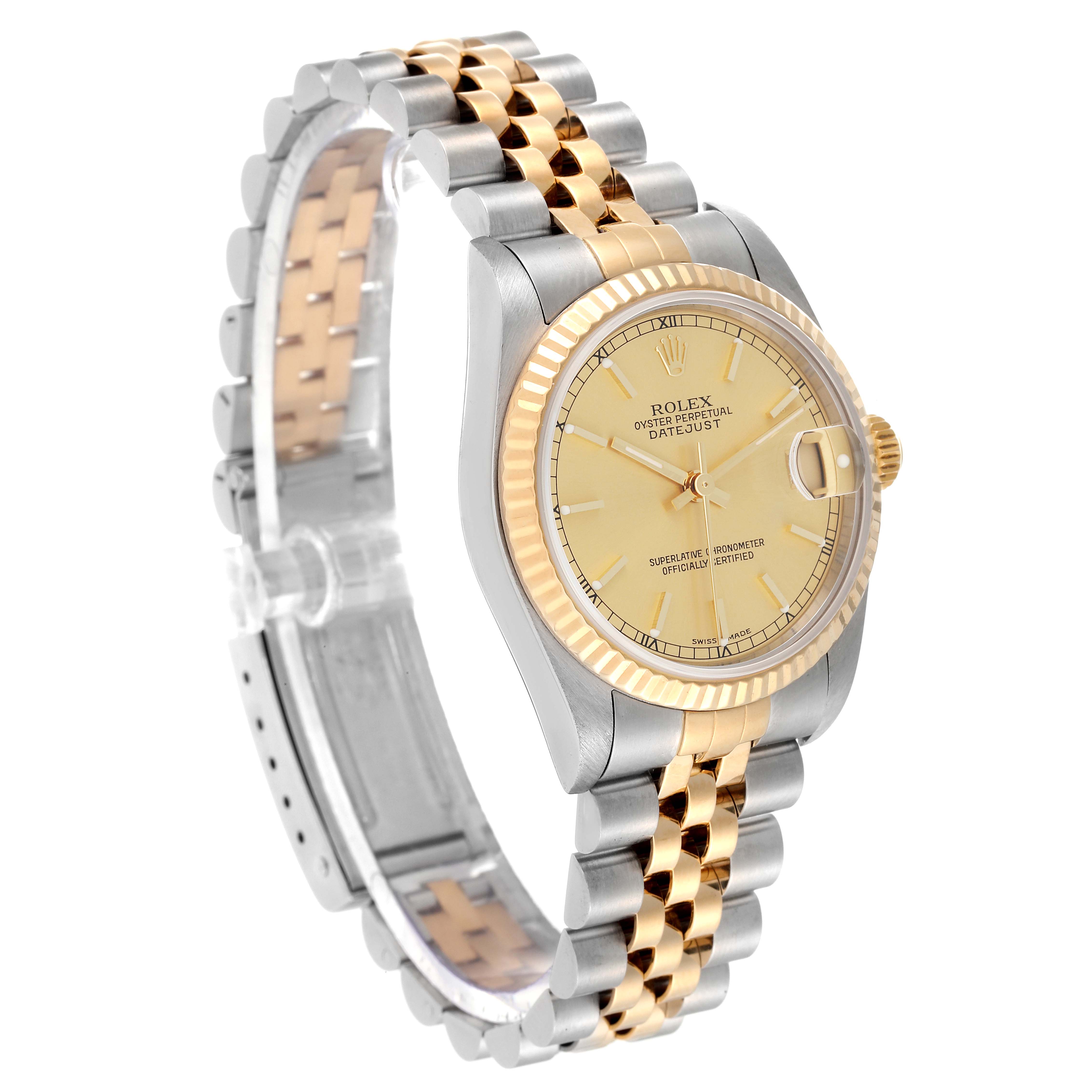 The image shows a side angle of a Rolex Mid-Size 78273 Women's Steel and Gold (two tone) Champagne Dial 78273 Women's Steel and Gold (two tone) Champagne Dial Datejust, highlighting the dial, bezel, and bracelet.