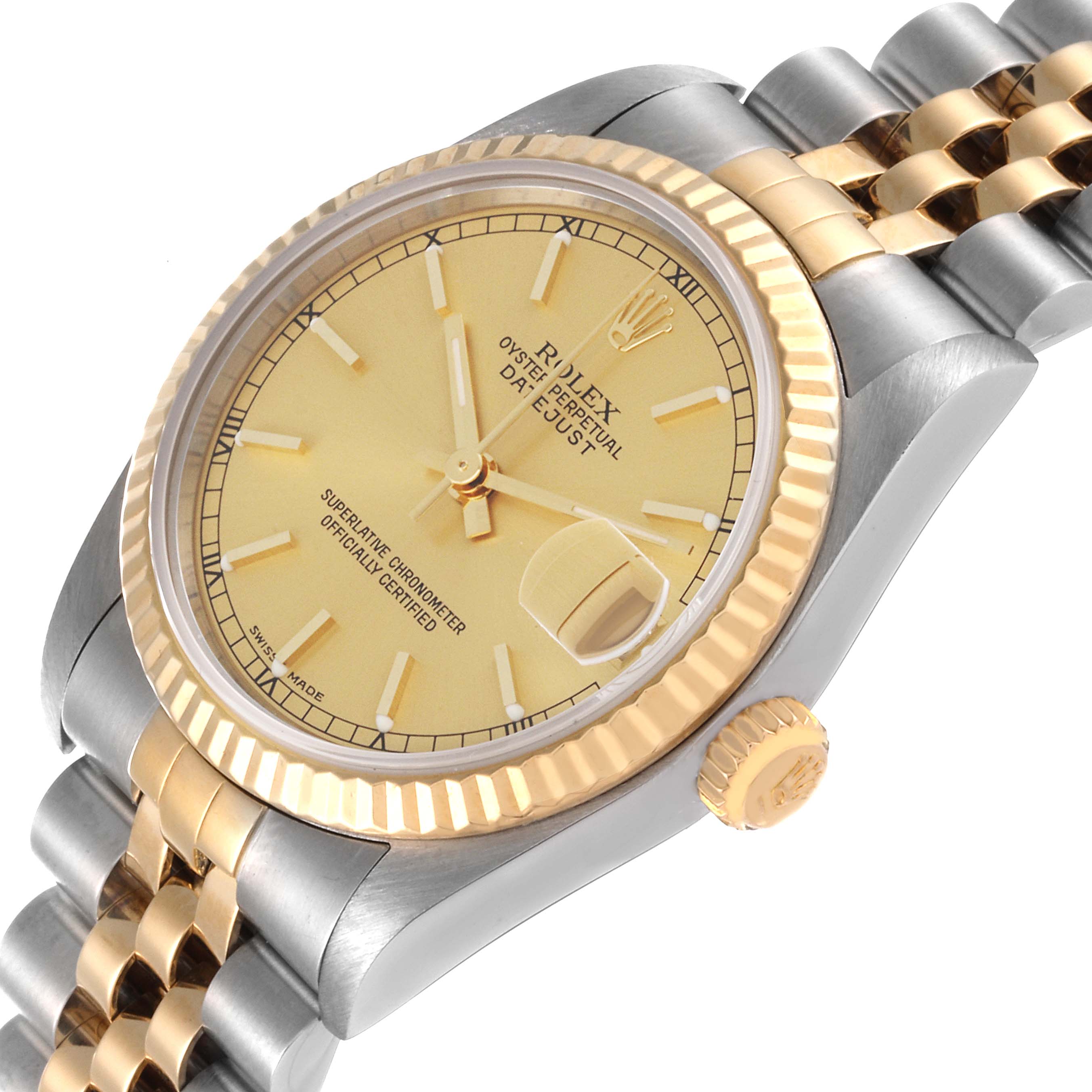 The image shows a Rolex Mid-Size 78273 Women's Steel and Gold (two tone) Champagne Dial 78273 Women's Steel and Gold (two tone) Champagne Dial model watch from a slightly angled perspective, highlighting its face, bezel, crown, and part of the bracelet.