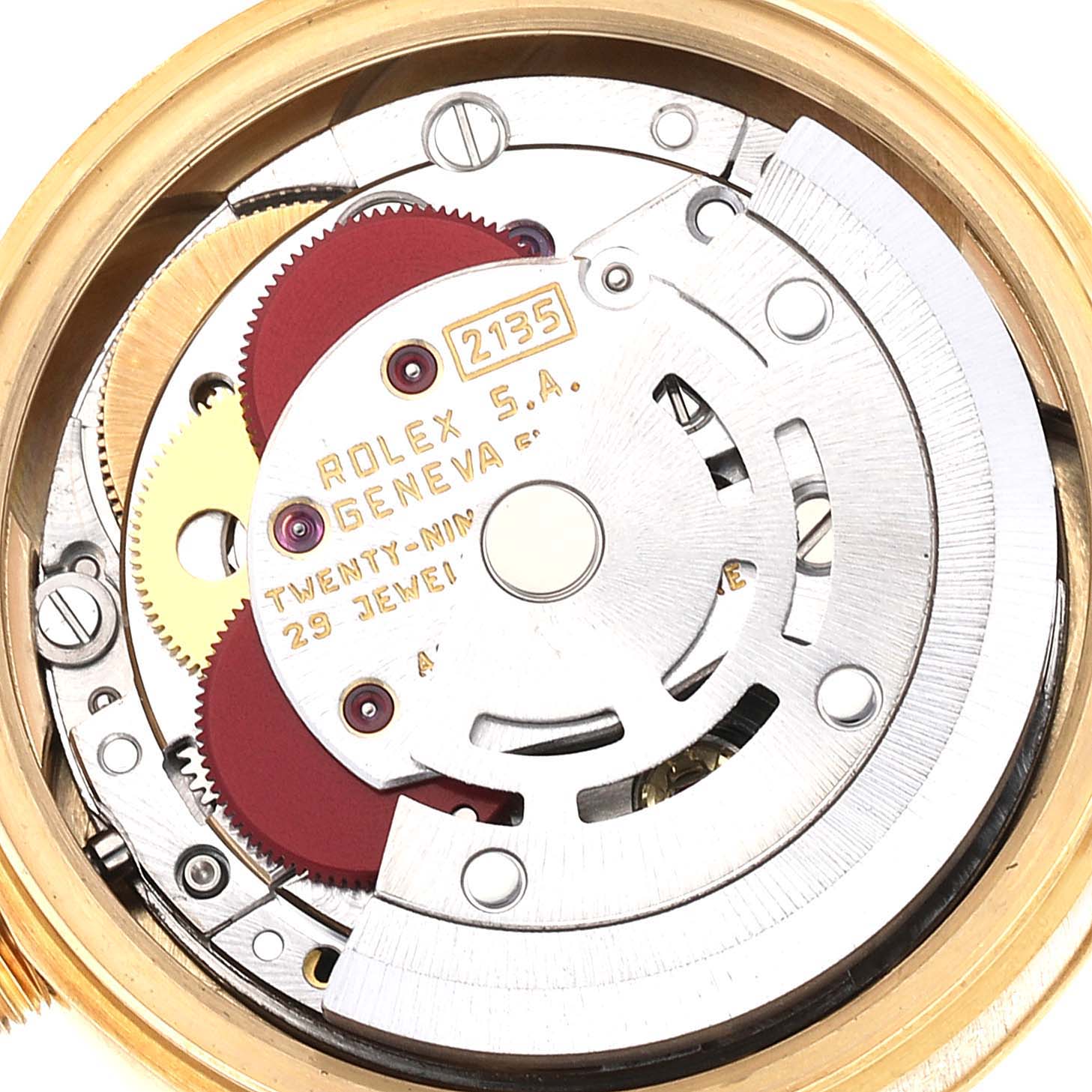 This image shows the internal movement of a Rolex President 69178 Women
s Yellow Gold Champagne Dial 69178 Women
s Yellow Gold Champagne Dial model, displaying gears and mechanisms.
