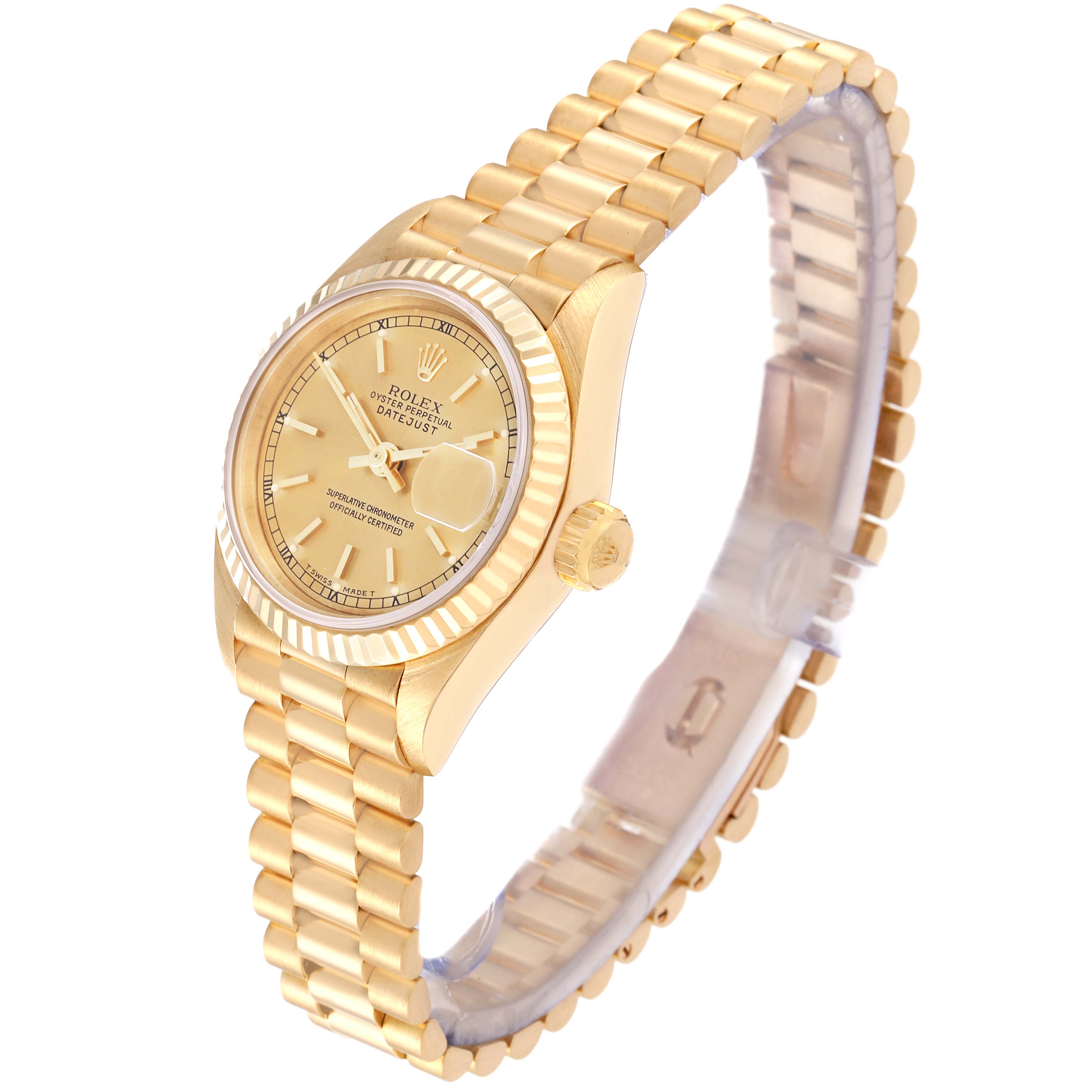 The Rolex President 69178 Women
s Yellow Gold Champagne Dial 69178 Women
s Yellow Gold Champagne Dial model watch is shown at an angled side view, highlighting the dial, fluted bezel, crown, and President bracelet.