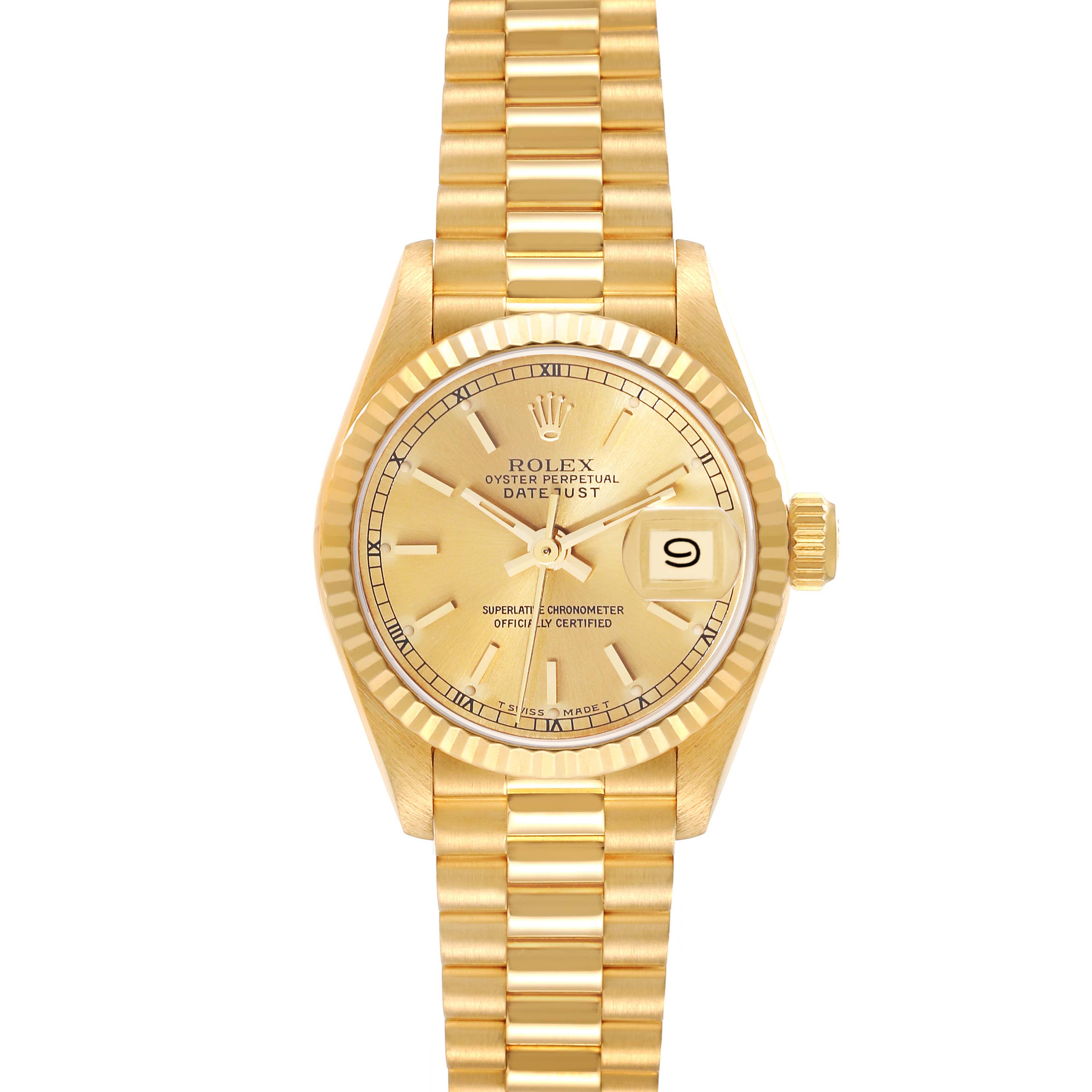 This image shows a Rolex President 69178 Women
s Yellow Gold Champagne Dial 69178 Women
s Yellow Gold Champagne Dial model watch from a front angle, featuring its gold dial, fluted bezel, and President bracelet.