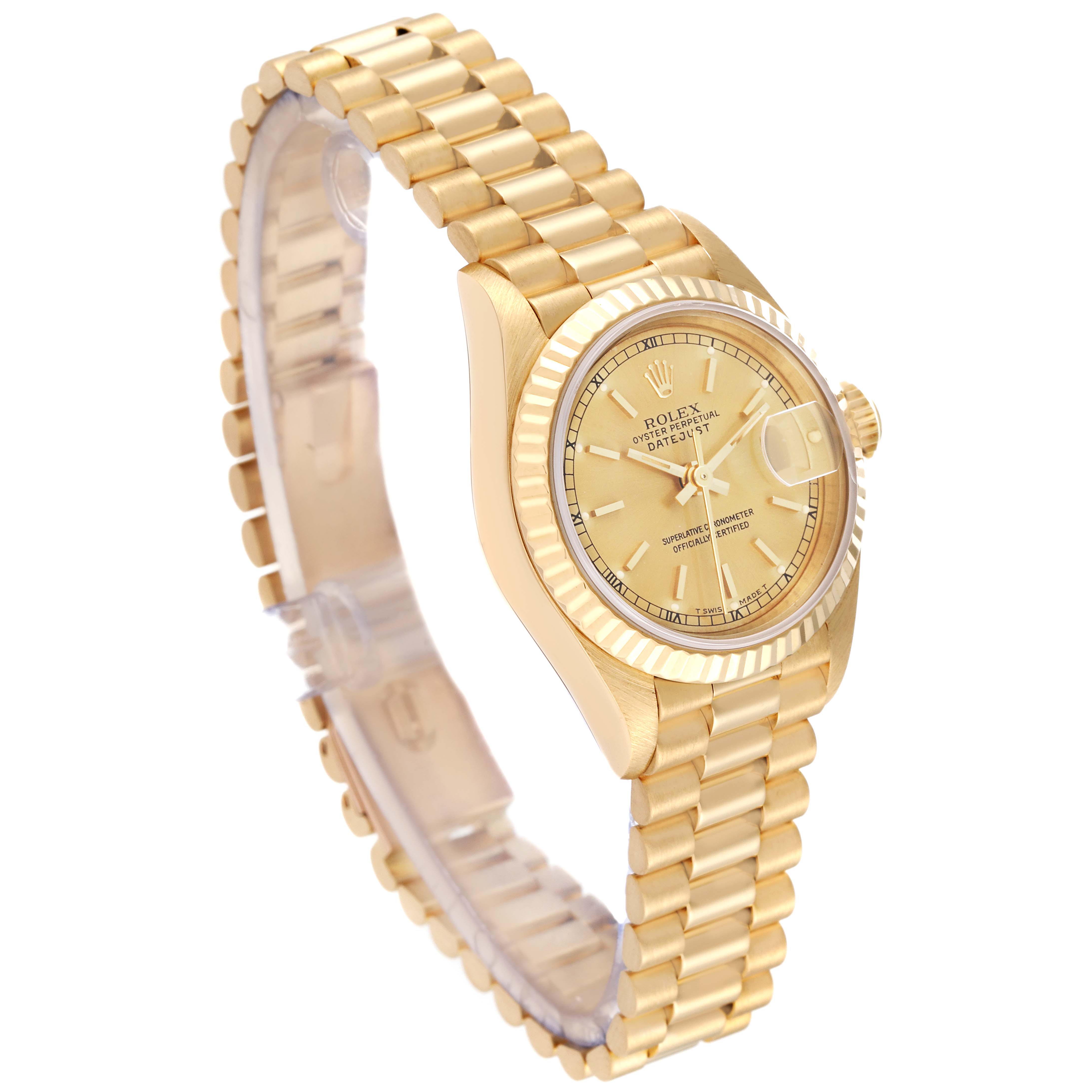 This image shows a Rolex President 69178 Women
s Yellow Gold Champagne Dial 69178 Women
s Yellow Gold Champagne Dial model watch from an angled side view, highlighting its gold strap, dial, and bezel.