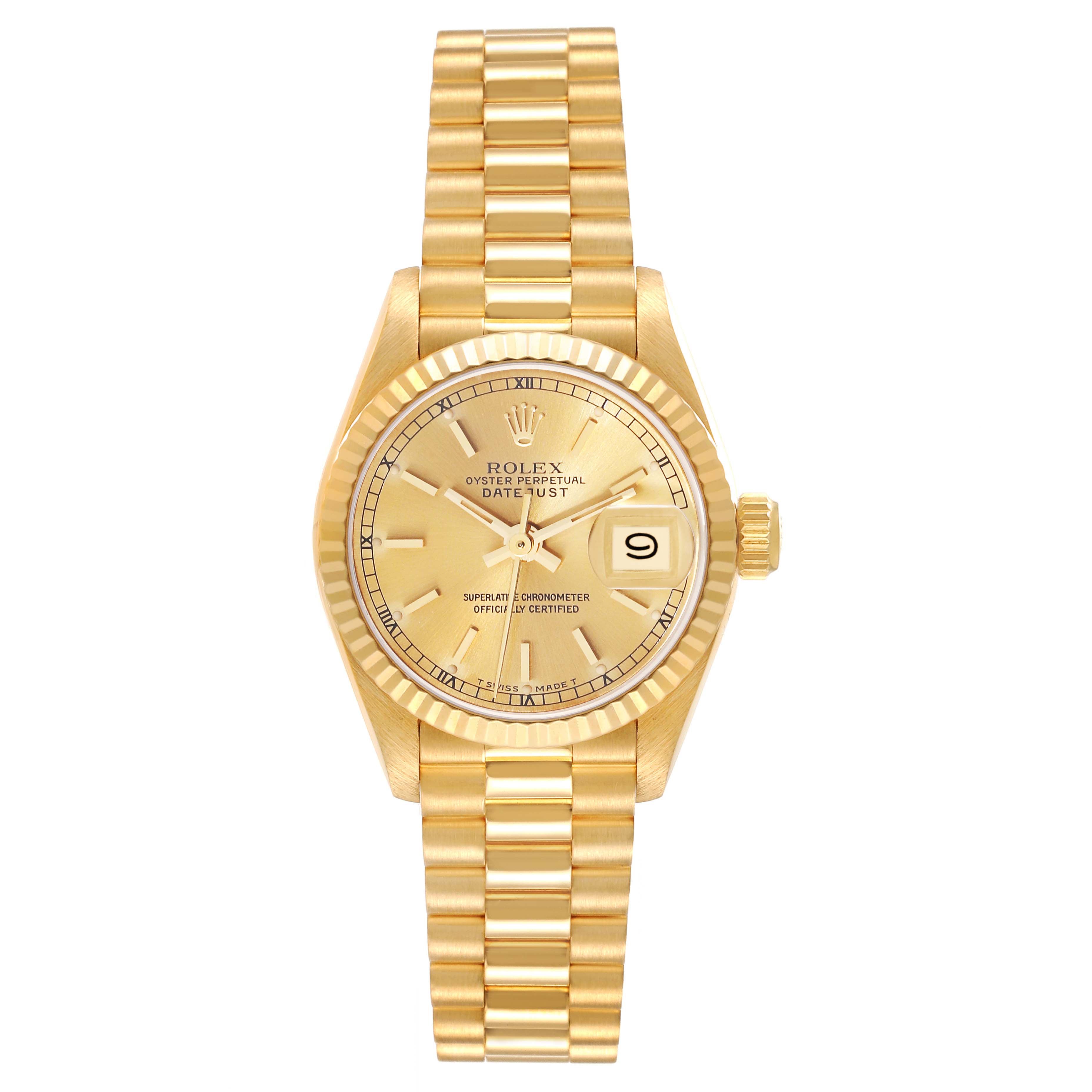 The image shows a Rolex President 69178 Women
s Yellow Gold Champagne Dial 69178 Women
s Yellow Gold Champagne Dial model watch from a top-down angle, displaying its face, bezel, and bracelet.