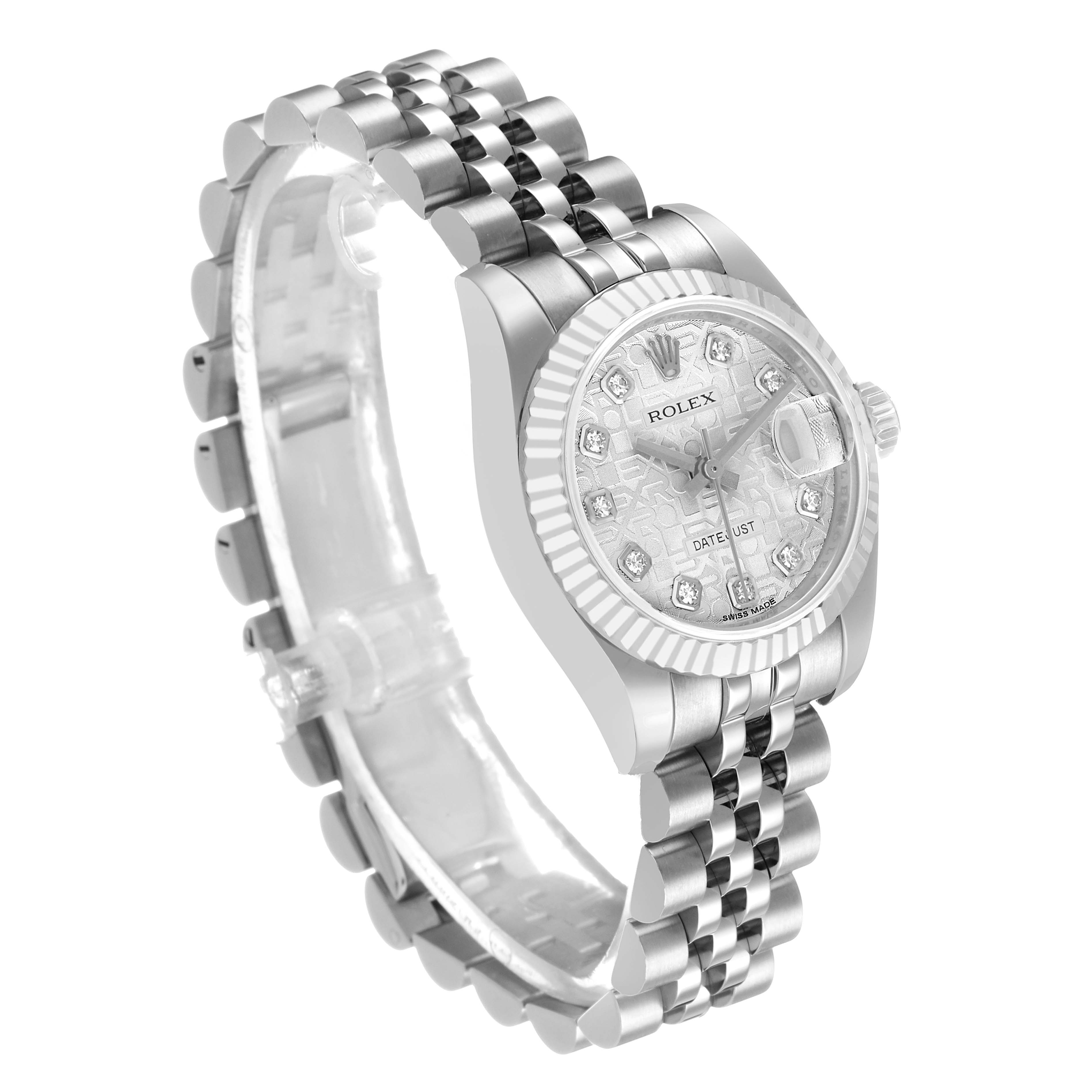 The Rolex Datejust 179174 Women's Stainless Steel Silver Dial watch is shown at a three-quarter angle displaying the face, bezel, and bracelet.