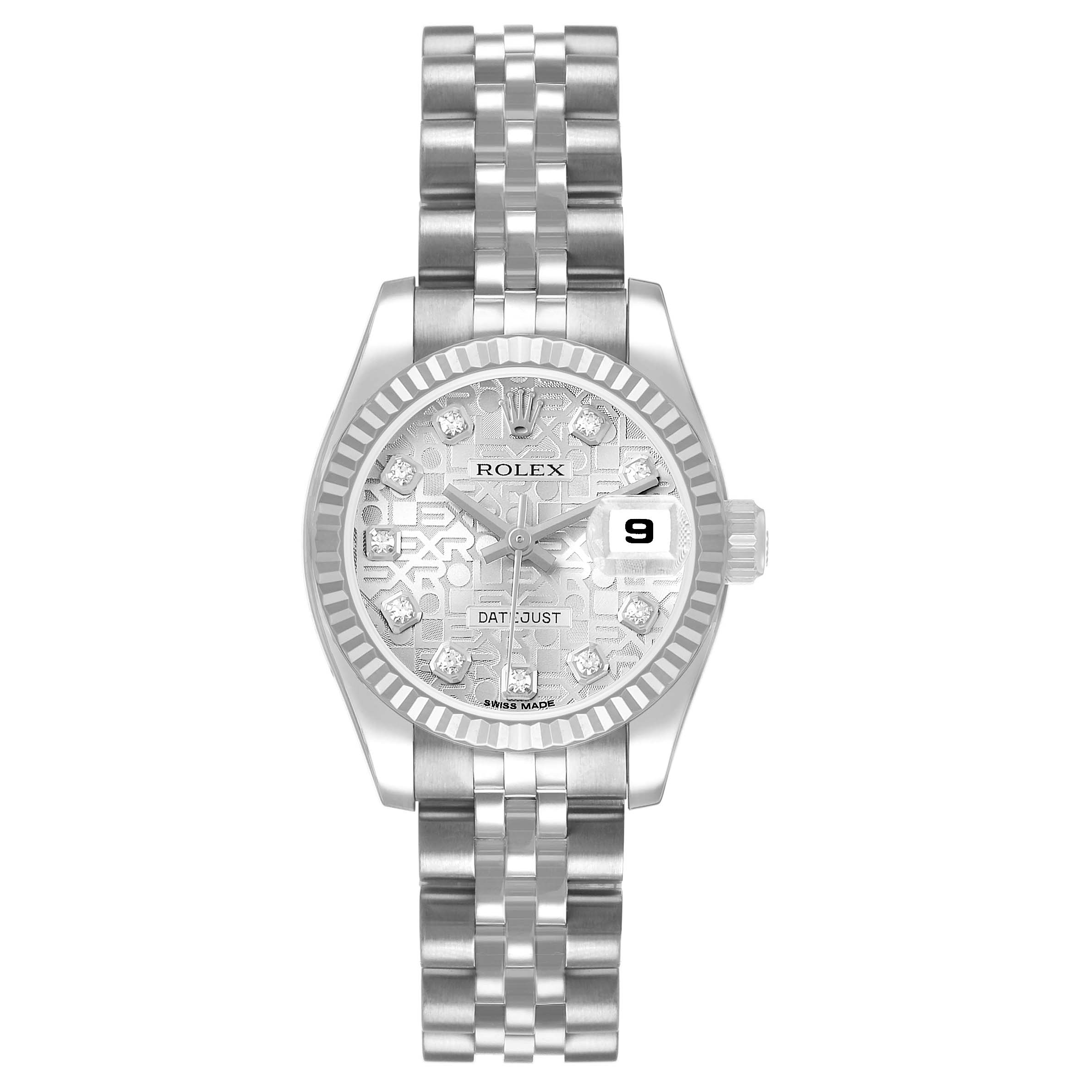 The Rolex Datejust 179174 Women's Stainless Steel Silver Dial watch is shown from the front, highlighting the dial, bezel, crown, and stainless steel bracelet.
