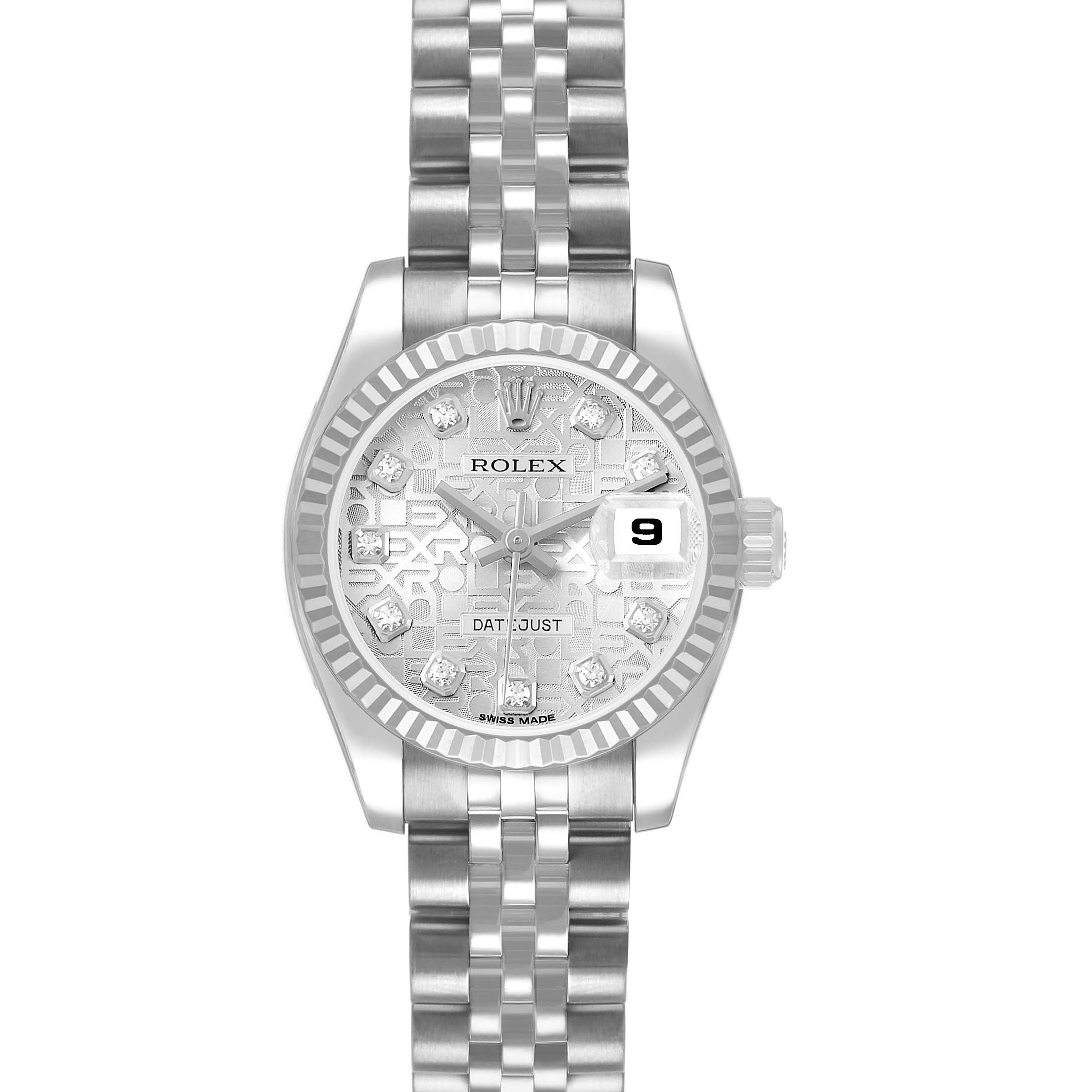 The Rolex Datejust 179174 Women's Stainless Steel Silver Dial watch is shown from a top-down angle, displaying the dial, bezel, and a part of the bracelet.